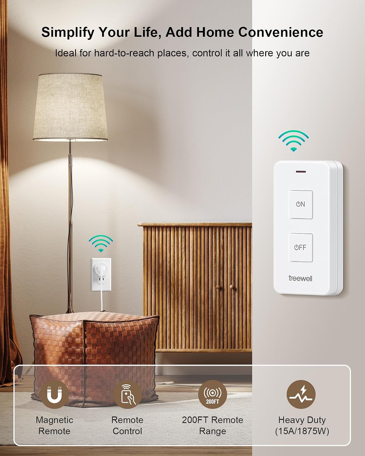 Wireless Remote Control Outlet with Portable Magnetic Switch | 200FT Long Range, Mini Round Plug, 15A/1875W, for Lamps/Lights/Household Appliances, FCC listed, Pre-Programmed