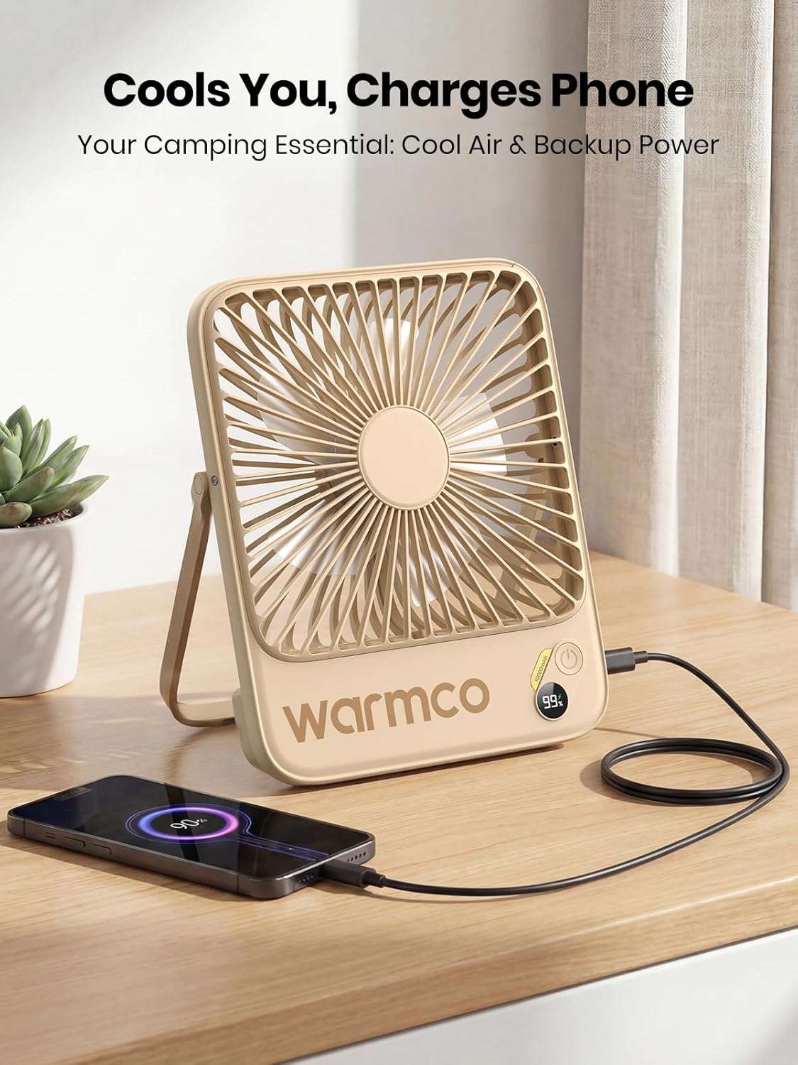 Warmco D3 Portable Travel Fan 10000mAh, Ultra-Slim, 24H Runtime | Quiet 7-Inch Rechargeable Desk Fan, Digital Display For Sleeping, Office, Bedroom & Cruise