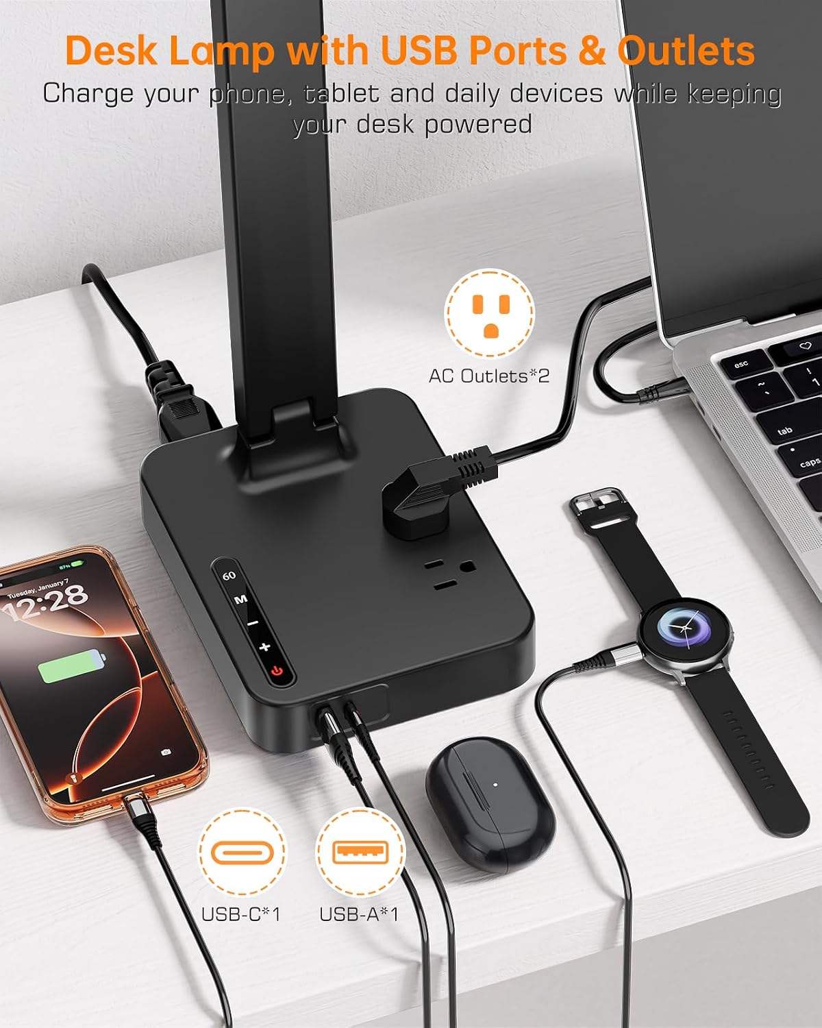 cozoo LED Desk Lamp for Dorm Office, USB-C & 2 AC Outlets Charging, Black | 2 USB Charging Ports(1 USB-C), 2 AC Outlets, 3 Lighting Mode, 3 Level Brightness Modern Foldable LED Desk Lamp for Dorm Room