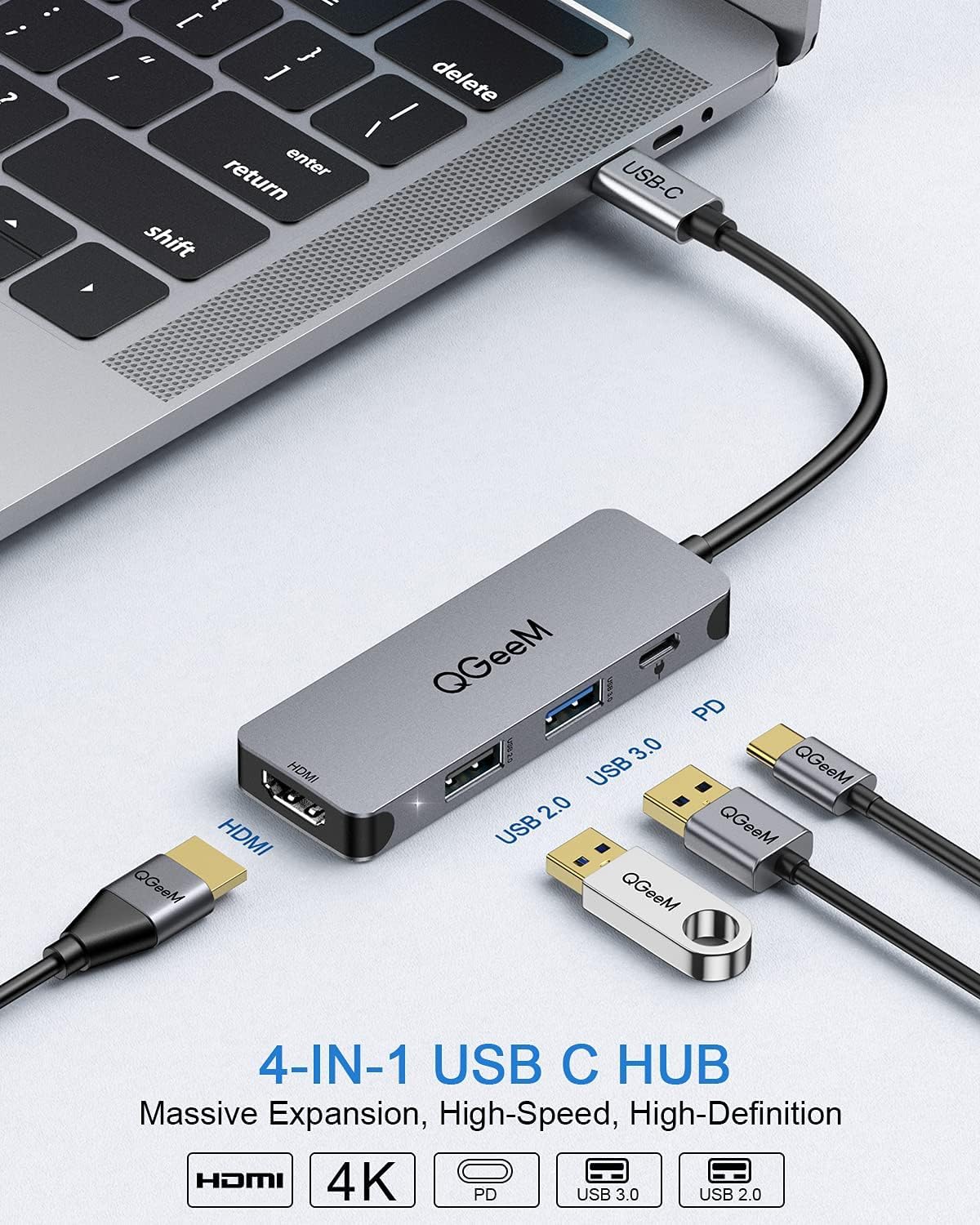 QGeeM USB C Hub 4 in 1 Multi-Port Digital AV Adapter 4K HDMI, 100W Power Delivery, 2 USB-A Data Ports, USB C Dongle Compatible for MacBook Pro Air Ipad HP Dell Lenovo iMac iPhone 15 Pro/Pro etc.