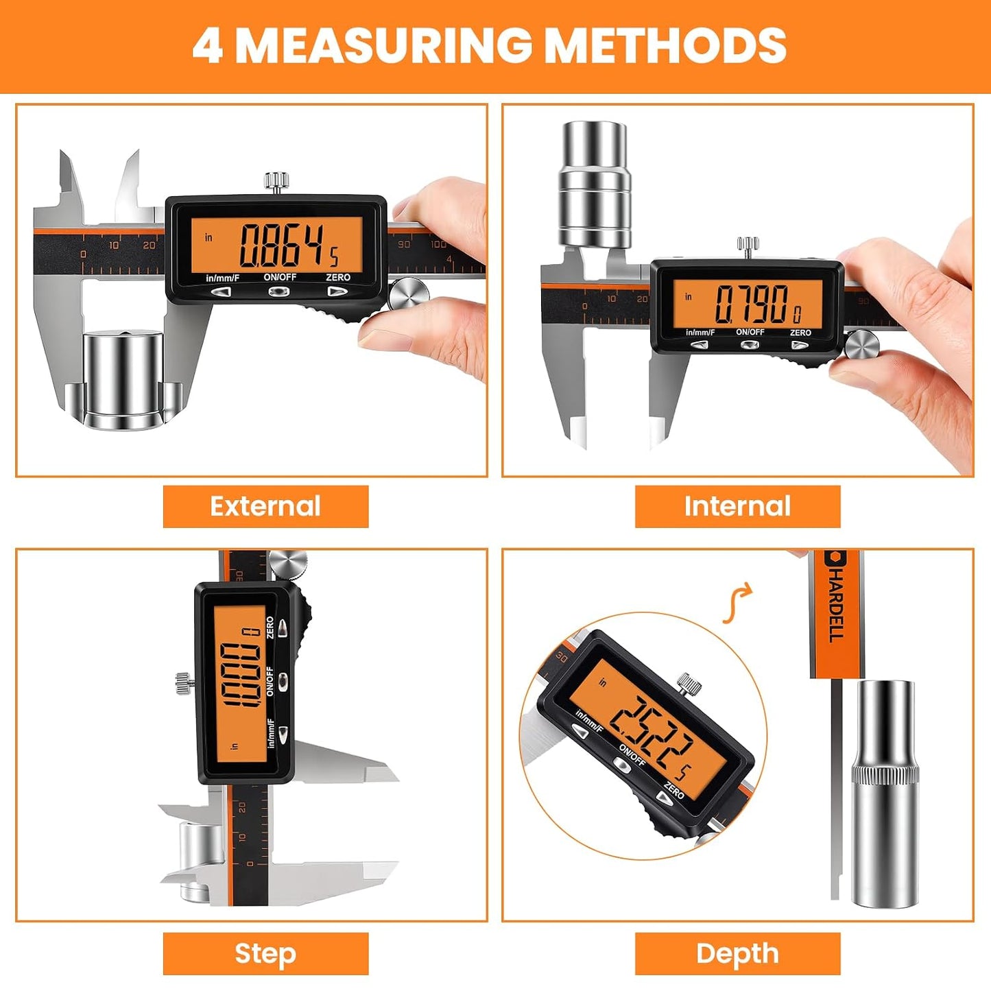 HARDELL Digital Caliper 6 Inch with Orange LCD, USB-C Calipers, Non-Backlit | Easy-read Orange LCD, Stainless Steel & USB-C Micrometer, Inch/mm/Fraction, Auto-Off. For DIY, 3D Printing, Hobbies