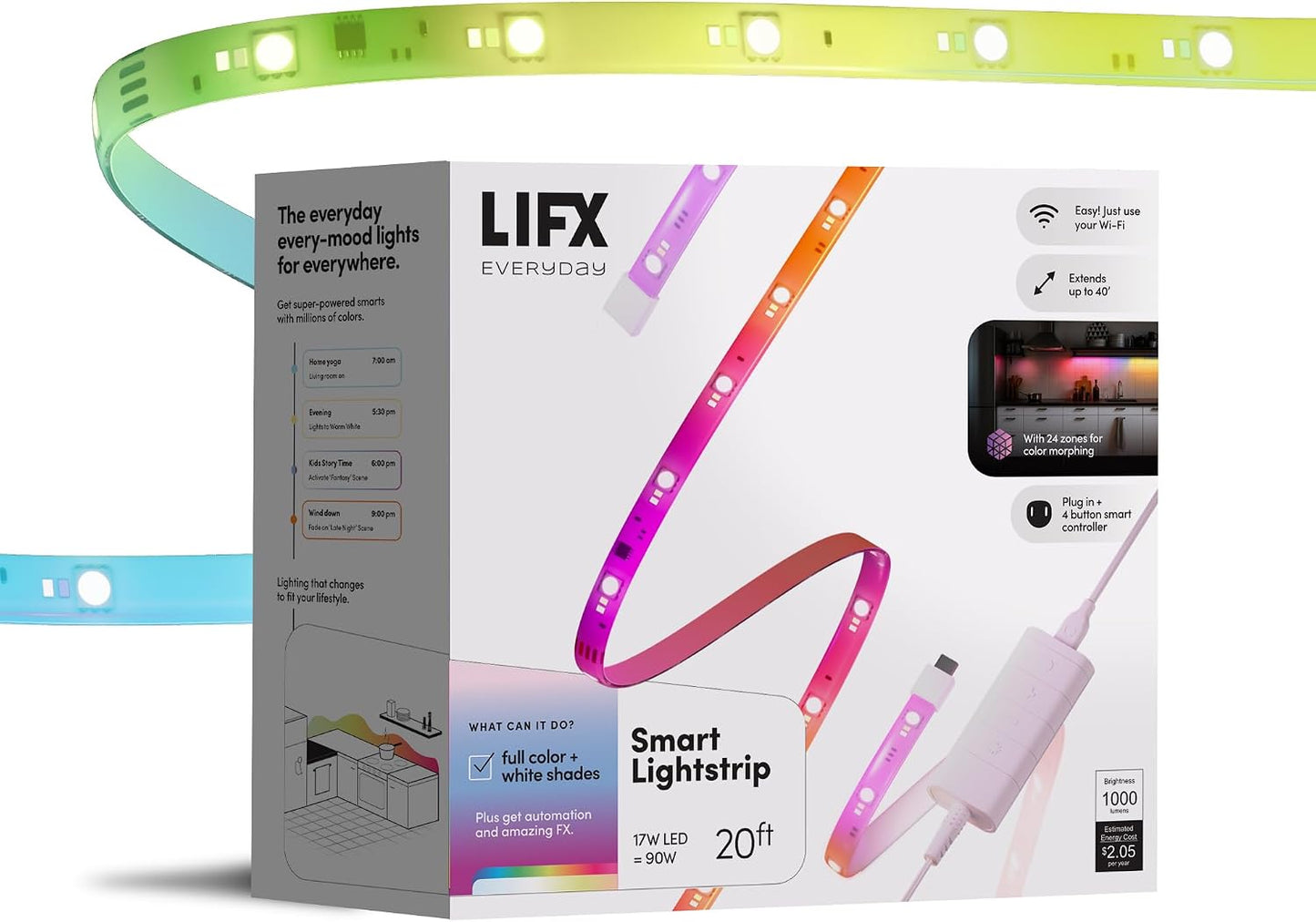LIFX Smart LED Light Strip - RGB + Tunable White, Matter, Alexa - 20ft | Apple Homekit WiFi 2.4GHz only. Tunable white 1500K-9000K, Dimmable Multicolor 24 zones, Cut or Extend For bedrooms, gaming