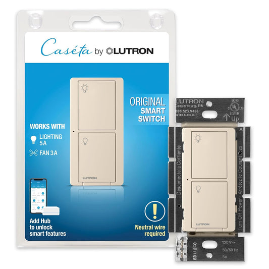 Lutron Caseta Smart Light Switch for Lighting and Fans (Smart Hub Required) | For Caseta systems, smart switch for any bulbs, 6 amp, single-pole/3-way, neutral required, PD-6ANS-LA, Light Almond