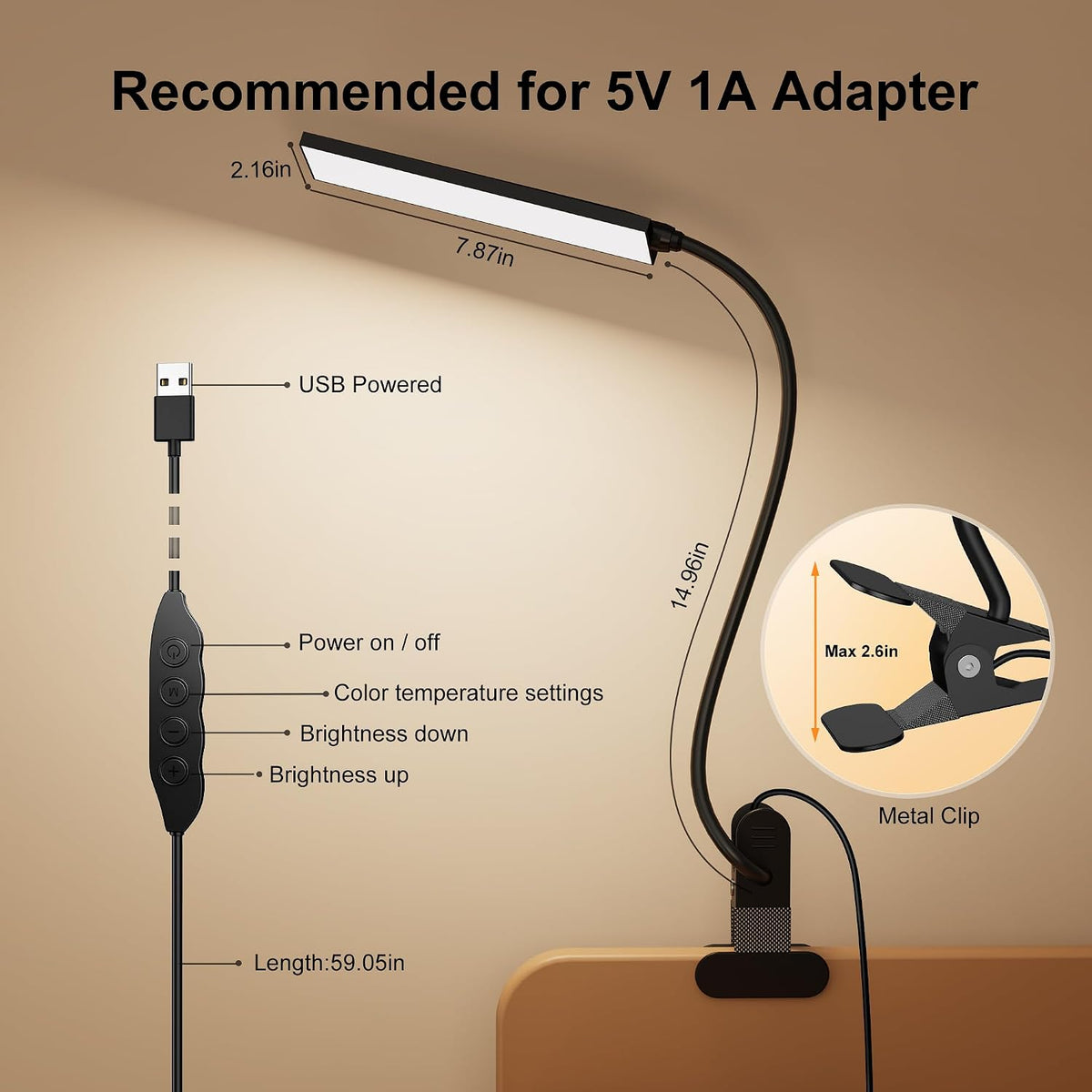Vansuny Clip on LED Desk Lamp, Eye-Caring USB Reading Light for Home Office | 3 Color Modes,6 Brightness Levels,Adjustable Gooseneck,Sturdy Metal Clip,5W Black,Fits Dorm Bed, Monitor Side & Narrow Spaces