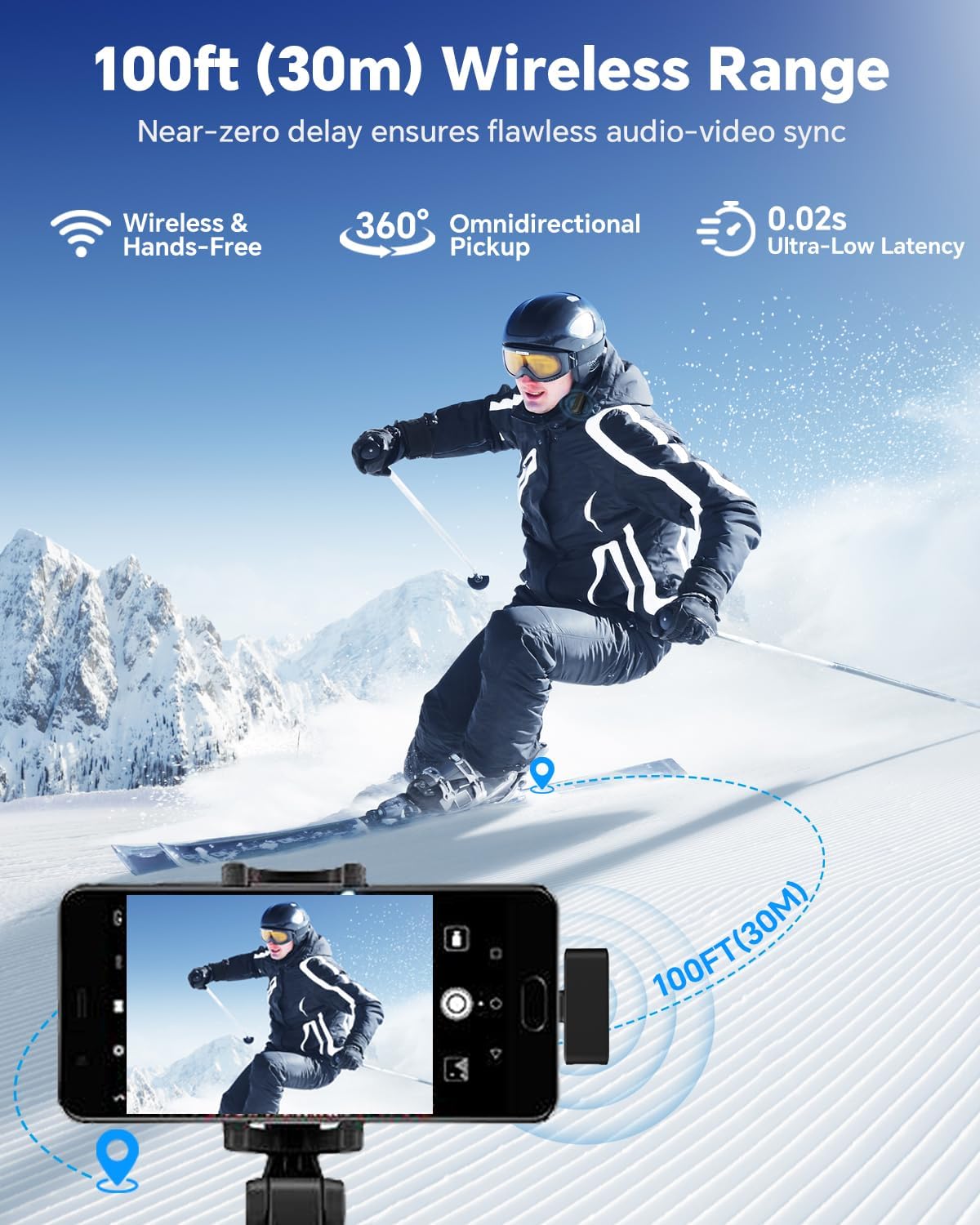 Wireless Lavalier Microphone for iPhone/Android Phone/Laptop/PC, Mini Lapel Mic with 50H Battery Life Charging Case, 100FT Range and Noise Reduction, for Video Recording, Streaming, TikTok