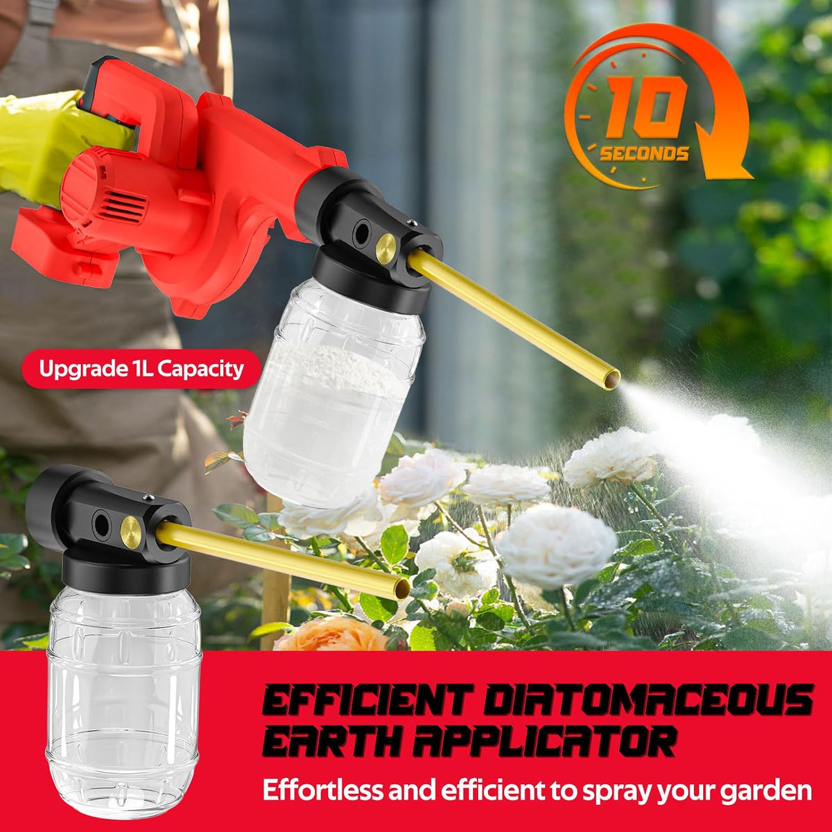 Rozlchar Electric Diatomaceous Earth Duster Compatible for Milwaukee 18V | 1L Capacity, Garden powder sprayer, 7.5" nozzle, tool only, leaf blower replacement, farm applicator, coop applicator