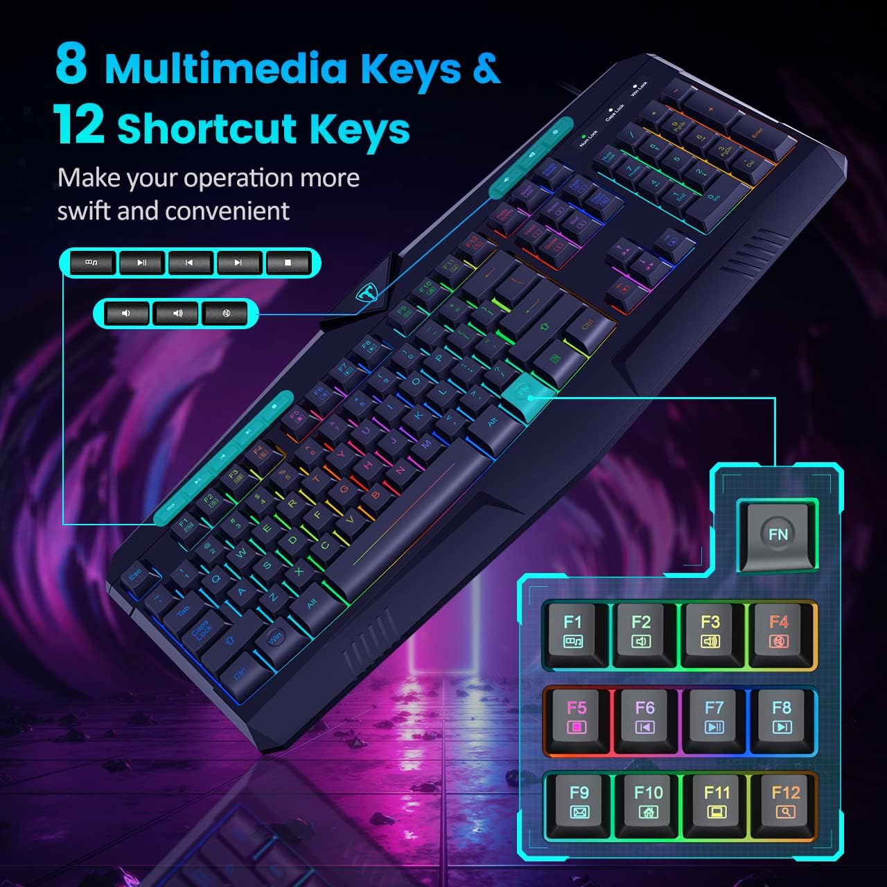 Gaming Keyboard, Full Size RGB Backlit Quiet Computer Keyboard, Wrist Rest, Silent Keys, Multimedia Keys, Anti-ghosting, Waterproof Light Up USB Wired Keyboard for PC Mac Xbox Gamer Office