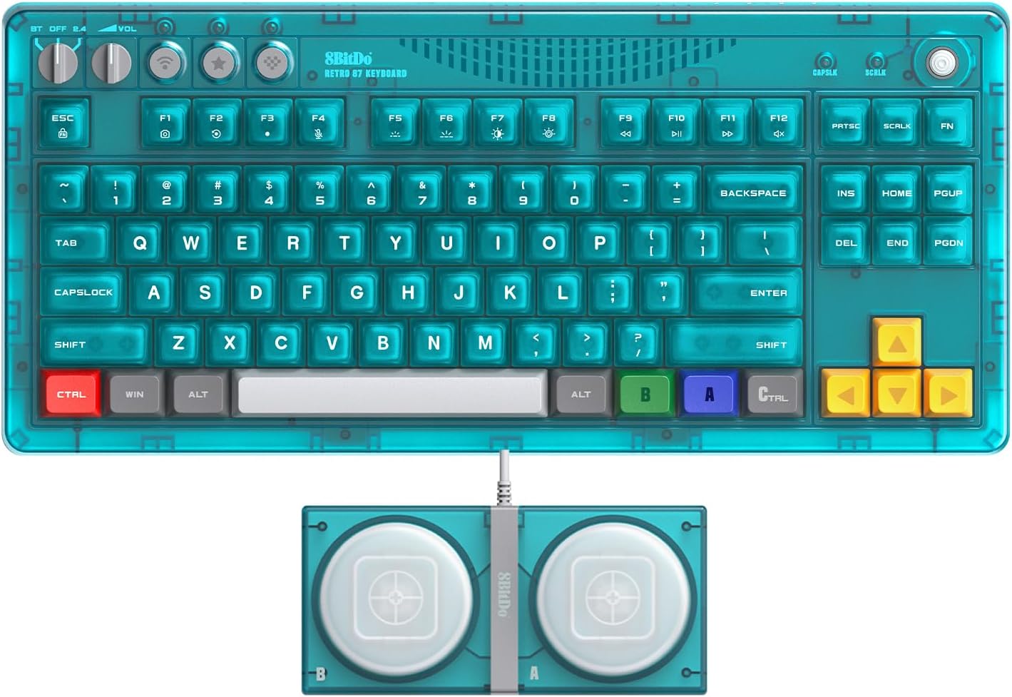 8BitDo Retro 87 Mechanical Keyboard, Hot Swappable Wireless Gaming Keyboard with RGB Backlight, Bluetooth/2.4G/USB-C, Linear Switches, Dual Super Buttons for Windows PC & Android - Clear Blue