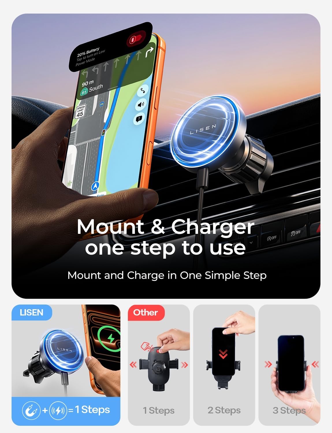 LISEN 15W MagSafe Car Mount Charger, Magnetic Phone Holders for Your Car | [Dual Mounting Type for 99% Vehicles] Magsafe Car Mount,15W Magnetic Wireless Car Charger Car Accessories for iPhone 17-12
