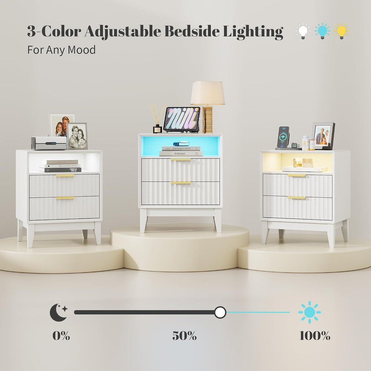LVSOMT 24“ W Fluted LED Nightstand with Charging Station, RFID Lock, White