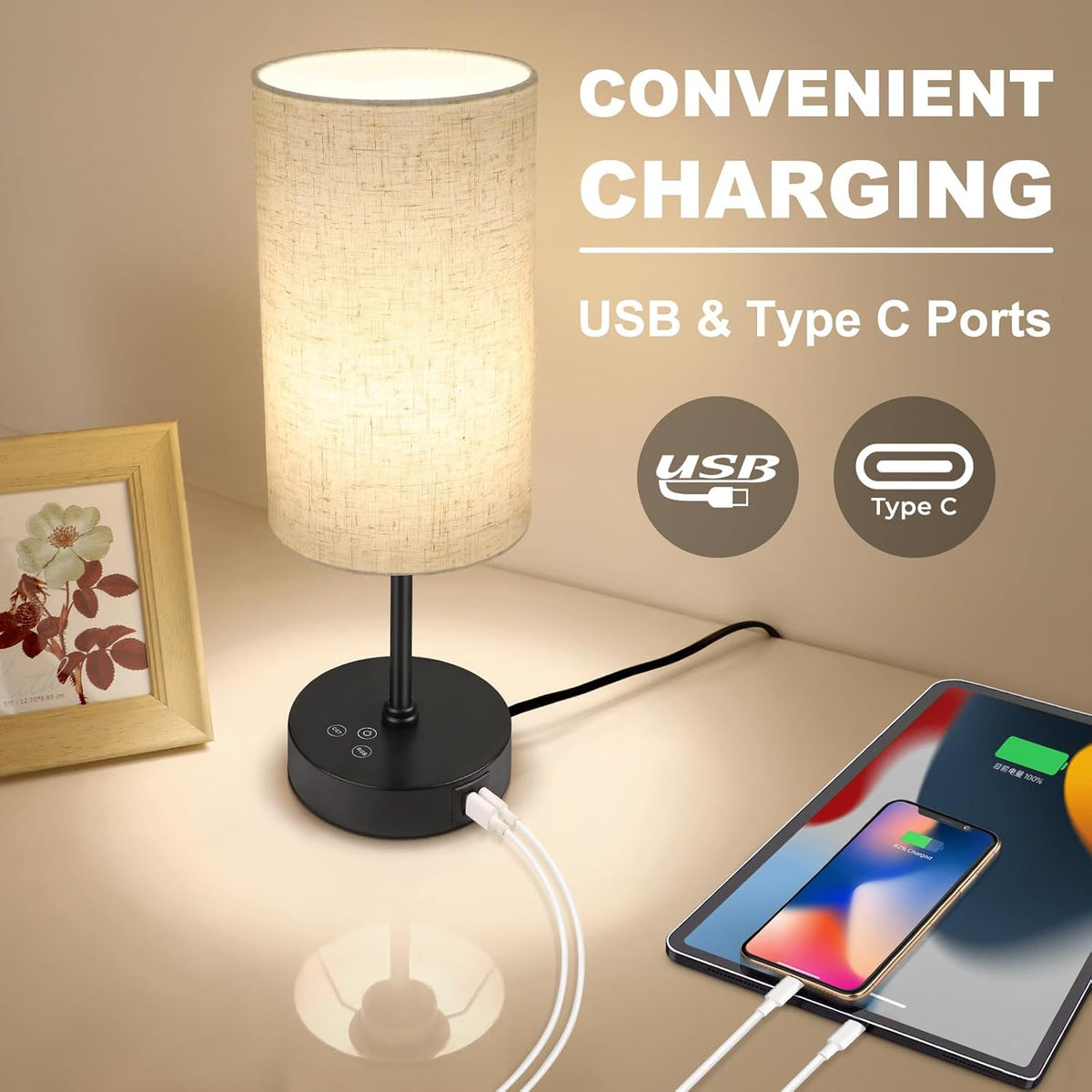 Table Lamp, 3 CCT 3000K/4500K/6500K & RGB Color Changing, Stepless Dimmable Small Bedside Lamp for Reading, Ambience Nightstand Light for Home Decor Party, Beige Shade