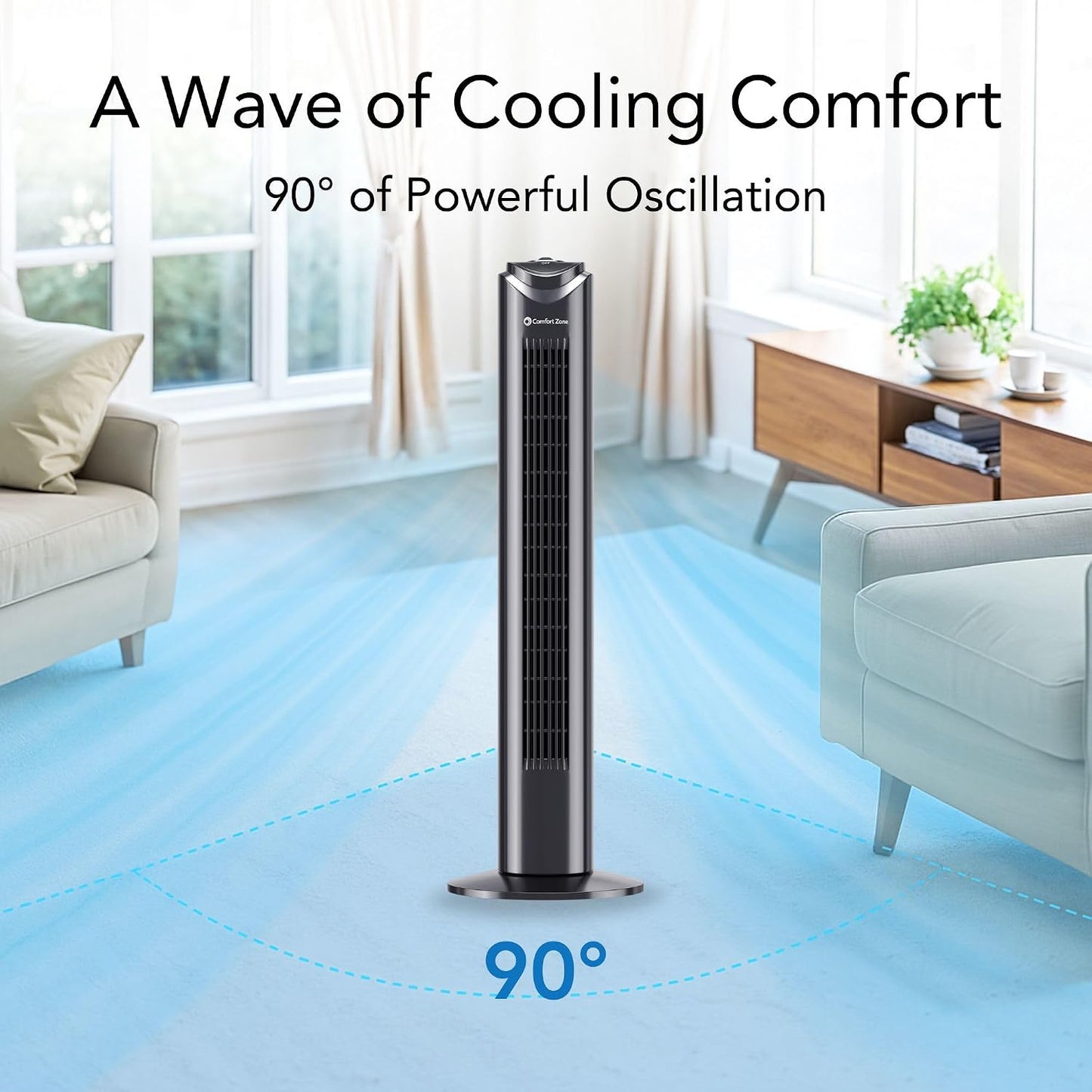 Comfort Zone 32-Inch Oscillating Tower Fan – Ultra-Slim Bladeless Design with 3 Speeds, 90° Wide Oscillation & Built-in Carry Handle – Quiet Portable Standing Fan for Bedroom, Home, or Office, Black