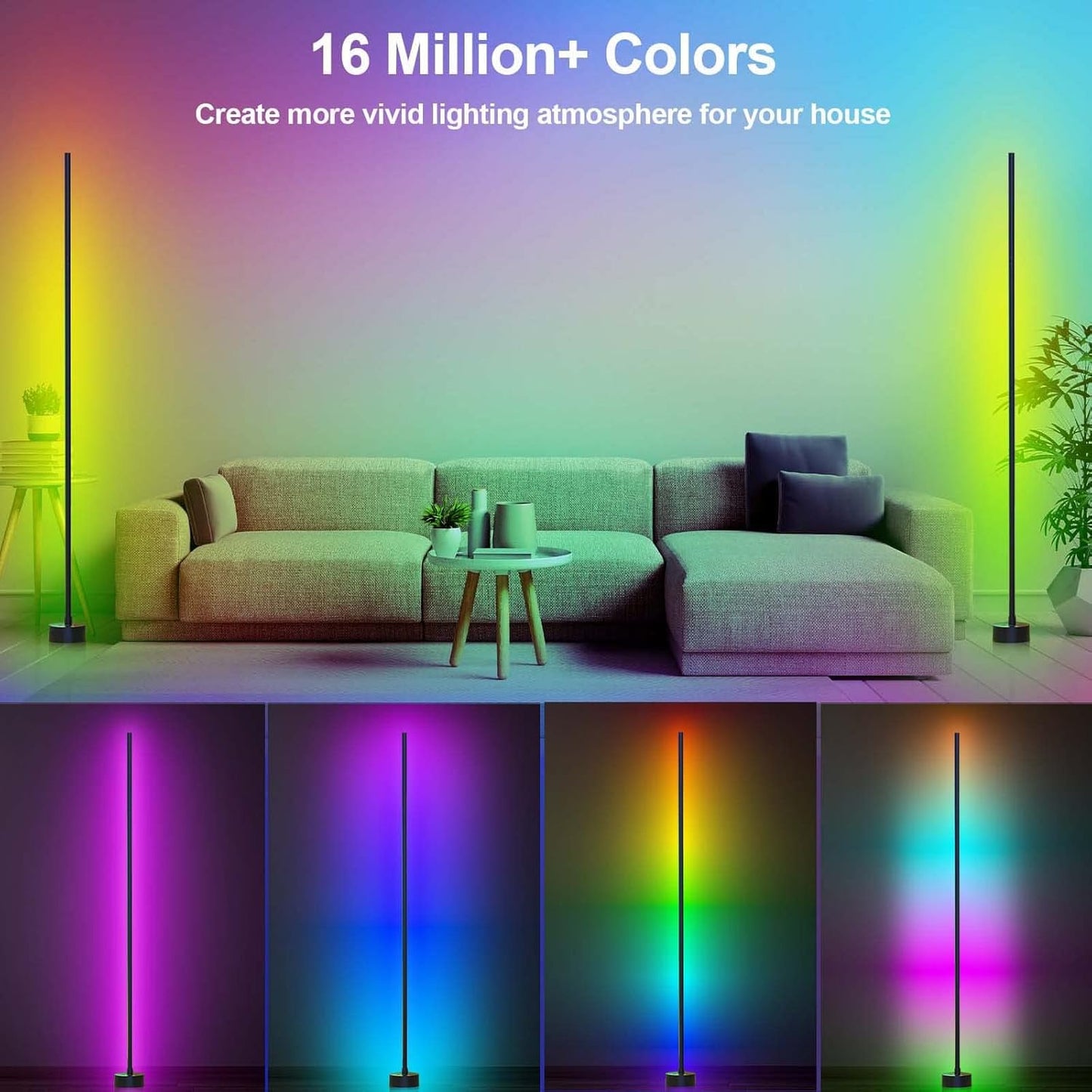 Miortior Corner Floor Lamp, 2 Pack LED Corner Lamp with App/Remote/Button Control, Smart RGB Floor Lamp with 16 Million DIY Colors & 68+ Scene, Music Sync for Living Room, Bedroom, Gaming Room