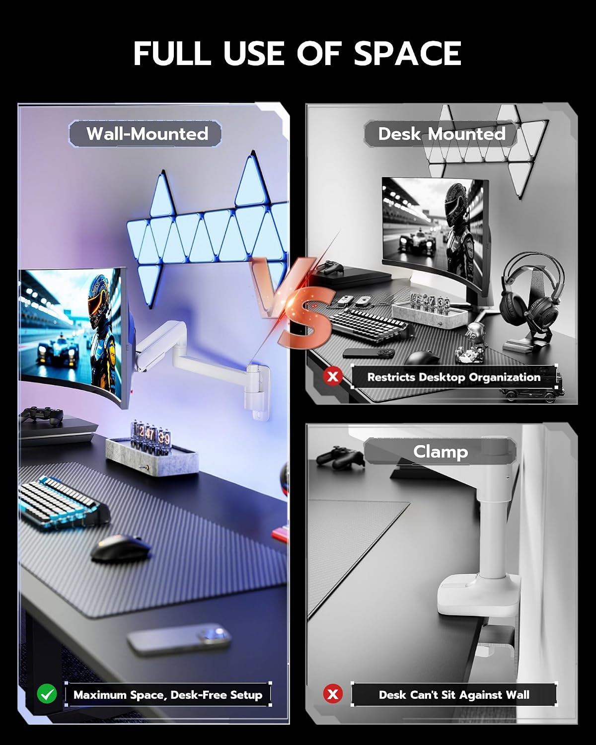 ARES WING Monitor Wall Mount for 24-57 Inch Ultrawide Screen, White | Premium Heavy Duty Gaming Monitor Arm for 60 lbs, Full Motion Gas Spring, Bearing Head for Easy Adjustment, 75/100 VESA Mount