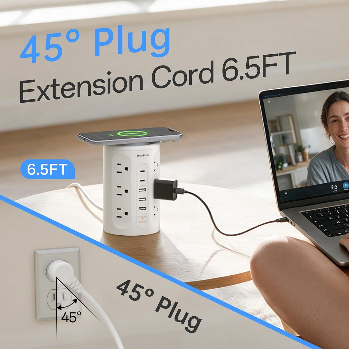 Power Strip Tower with USB Ports, 6.5 FT Extension Cord with Multiple Outlets (12AC+3A+2C) for Home Office Desk College Dorm Room Supplies