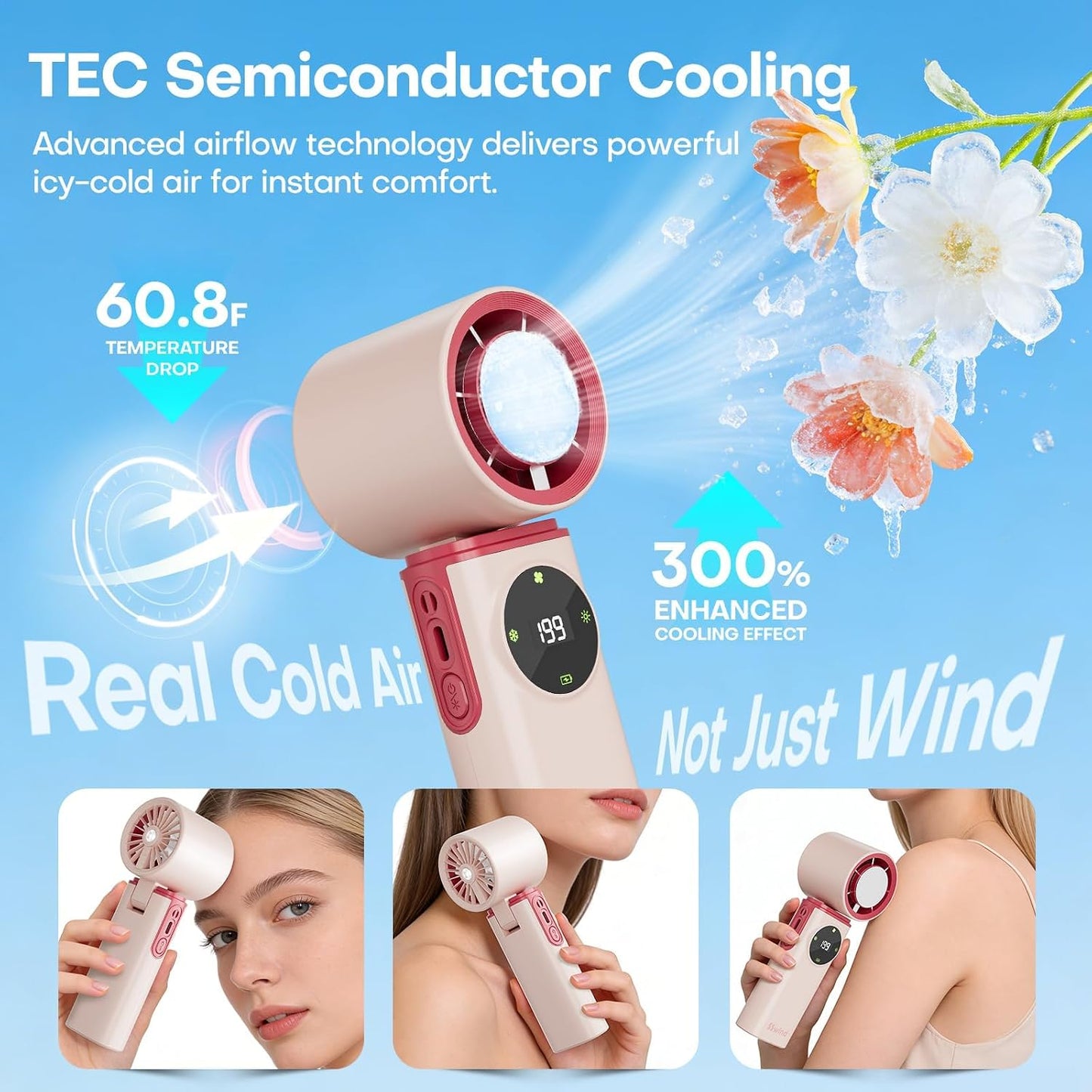 6000mAh Portable Handheld Fan with Ice Cooling, 199 Levels Stepless Speed, 20H Long Battery Life, 20000RPM Turbo Fan Rechargeable Personal Mini Fan for Travel, Outdoor, Makeup (Pink)