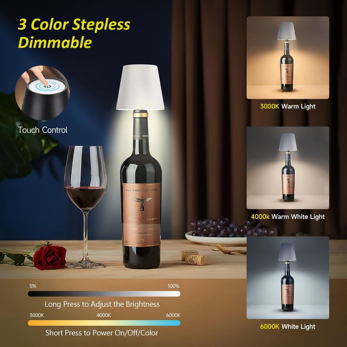 2025 New Wireless Bottle Lamp - LED Bottle Lights for Liquor & Wine Bottles, Cordless Lampshade, Whiskey Bottle Top Light, Bottle Stopper Night Light Kit, Rechargeable 3-Tone Touch-Dimmable