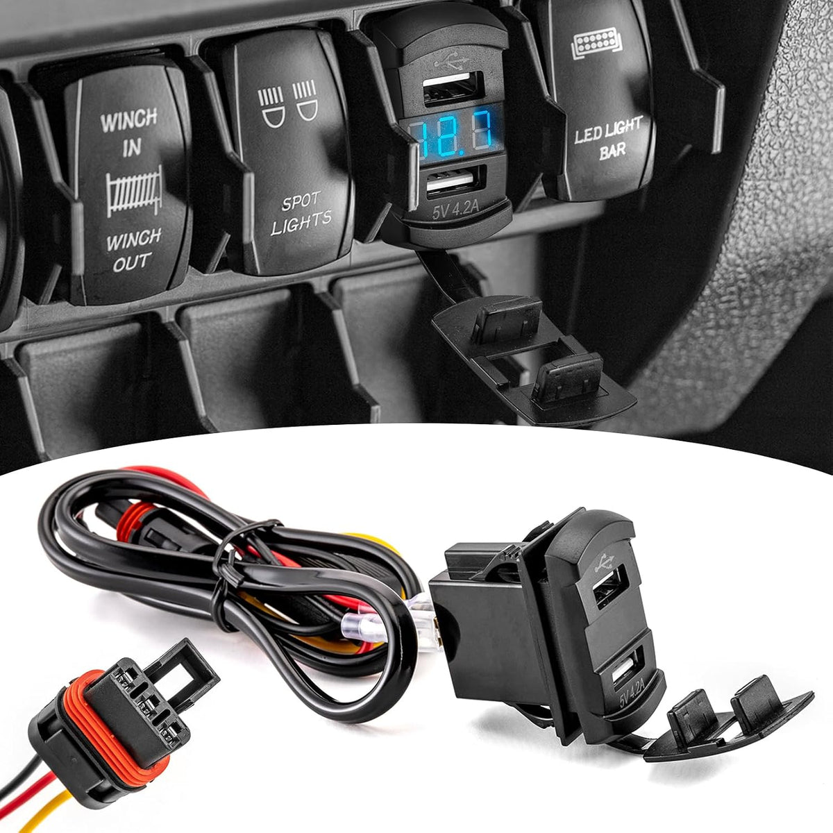 Wsays Dual USB Tpye C Rocker Plug & Play Switch Charger/Outlet 12v PD & QC 3.0 with LED Voltmeter Display Compatible with Polaris RZR Ranger General | Plug & Play Switch, 12v PD & QC 3.0 Dual Outlet with LED Voltmeter Display