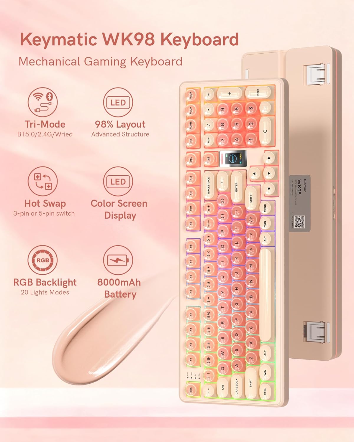 Keymatic Foundation Mechanical Keyboard,98% Pink Creamy Keyboard Gaming Keyboard,3 Mode with Multimedia Screen,RGB Backlit,Jelly MOA Profile keycaps for Win/Mac,Pink