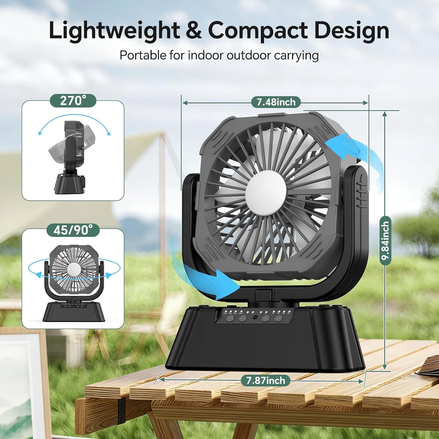 SHJQJJLBCQ 10000mAh Camping Fan, Battery Rechargeable Portable | Auto oscillating, quiet, wireless, remote, 4 timers, light, rechargeable, for camping, tent, RV, outdoor, travel, emergency.