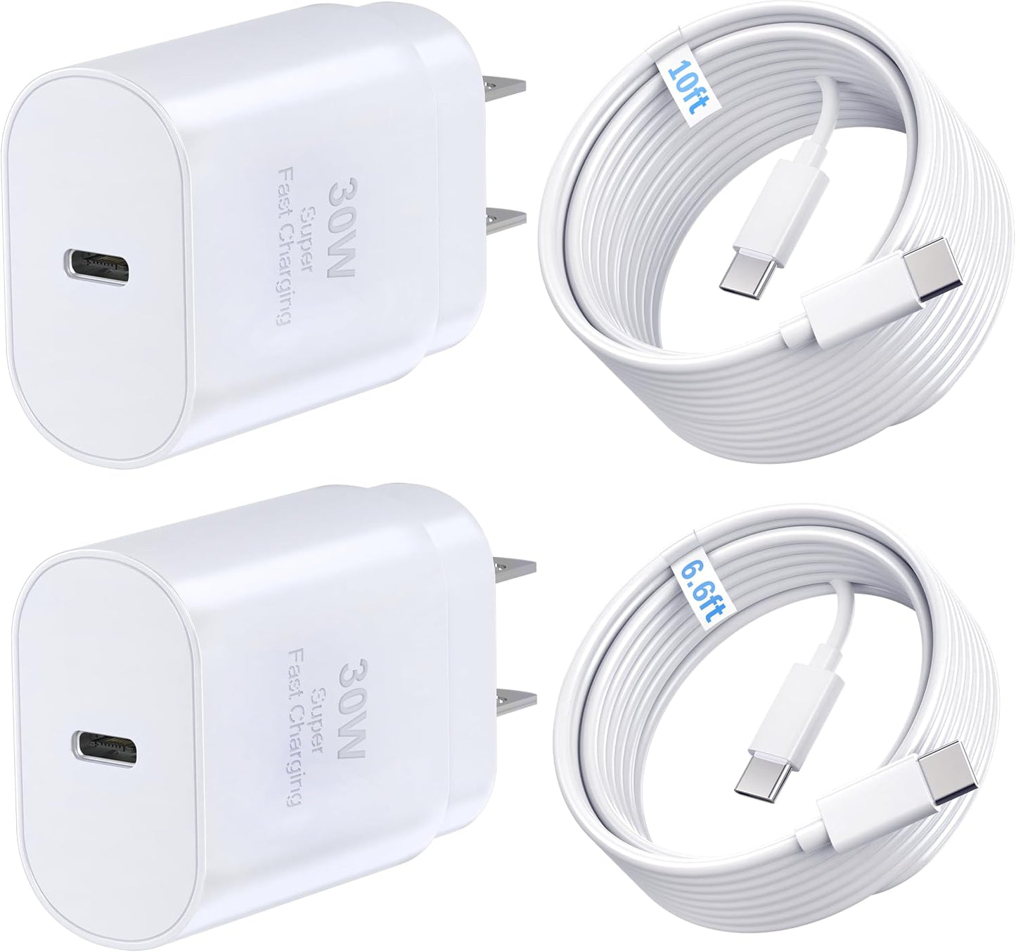 TT&C 2-Pack 30W USB C Fast Charger, USB-C Block with 10FT & 6FT Cable | PD 3.0 Power Wall Block Compatible with iPhone 17,16, 15, Pro Max, & for Galaxy S26 S25 S24 Ultra & iPad Pro (White)