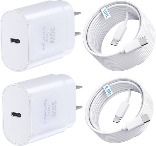 TT&C 2-Pack 30W USB C Fast Charger, USB-C Block with 10FT & 6FT Cable | PD 3.0 Power Wall Block Compatible with iPhone 17,16, 15, Pro Max, & for Galaxy S26 S25 S24 Ultra & iPad Pro (White)