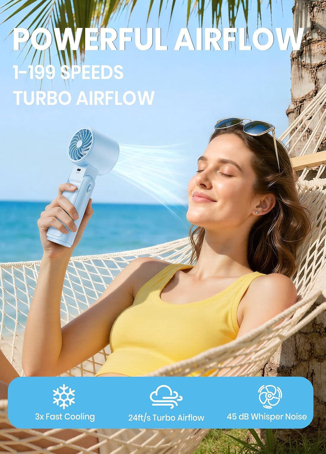Portable Handheld Turbo Fan, 1-199 Speed Adjustable, Blue | 4 IN 1 Pocket Design with LED Display, High-Power Motor, Rechargeable Battery, Mini Fans for Indoor/Outdoor/Travel/Work