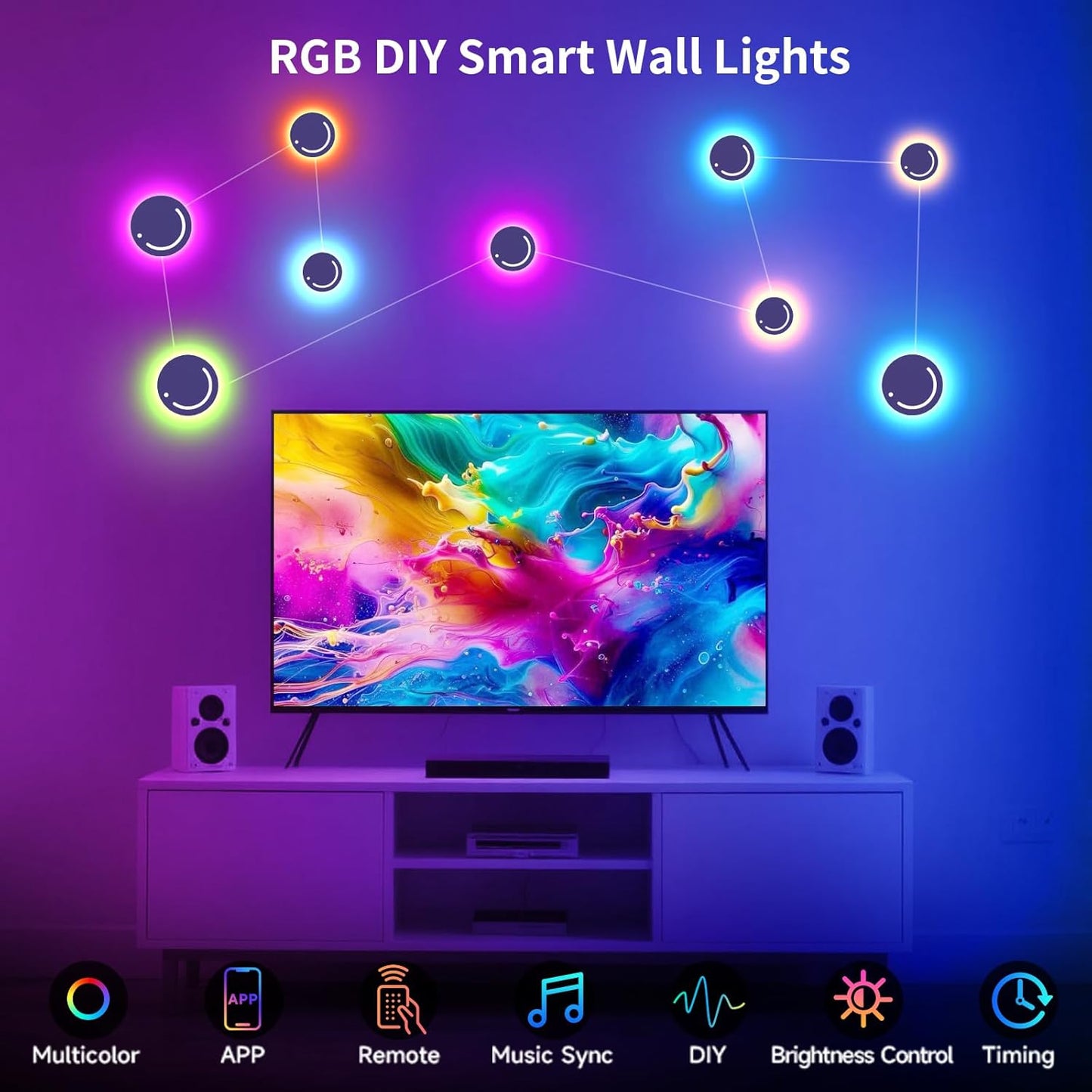 KANTUTOE Smart LED Wall Lights, 9-Piece RGB LED Light with App & Remote Control, TV Backlights, Music Sync, Color-Changing, Ambient Lighting for Gaming, Bedroom, Living Room and Home Decor