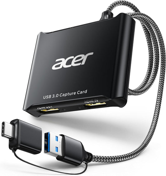 acer USB 3.0 HDMI Capture Card, 4K HDMI Loop-Out, 1080P 60Hz for Streaming | Low-Latency Audio Video Capture, USB Type-A & Type-C Ports, Compatible with Switch 2, PS5/PS4, Cameras, PC, OBS, Xbox
