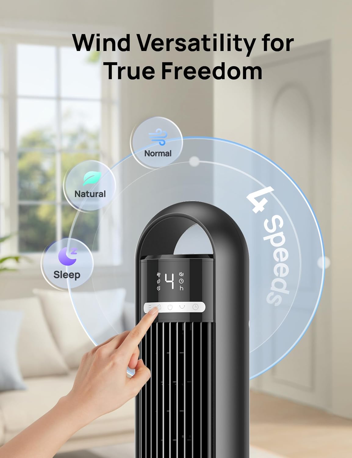 DREO Tower Fan for Bedroom, 26ft/s Velocity, 90° Oscillating, 8H Timer | 4 Speeds, 3 Modes, 28dB Quiet Standing Fan, Floor Fan for Room, Living Room, Office, Home, Cooling Fan with Remote, Black