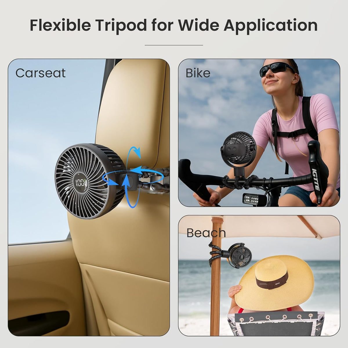 Coohea Portable Stroller Fan, 25H Long-lasting, 4 Speed, Night Light, Black | 4000mAh Rechargeable Battery Powered Fan, Head Detachable 360° Rotate Mini Fan, Easy to Wrap for Car Seat Crib Bike Treadmill