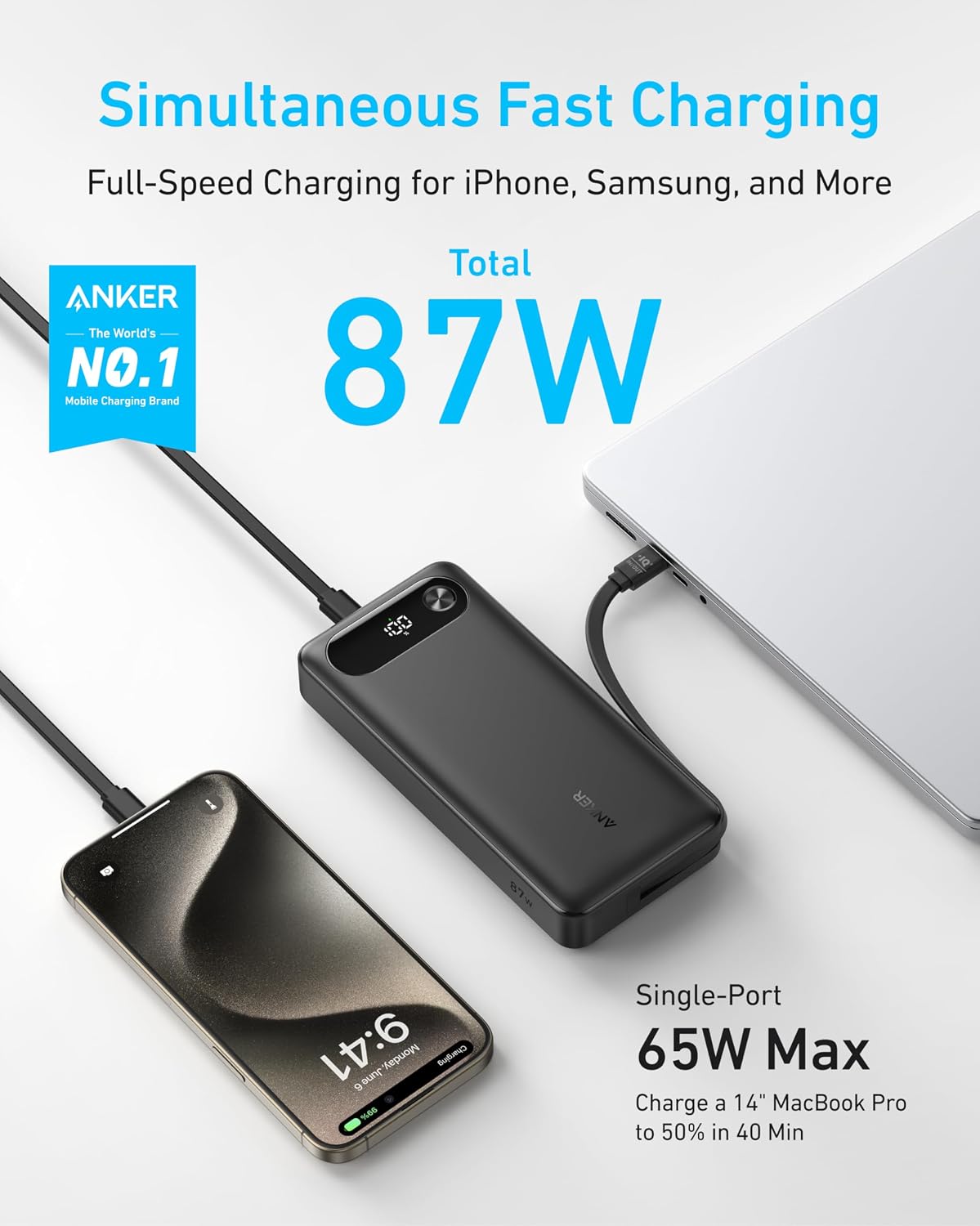 Anker Power Bank, 20,000mAh Travel Essential, Built-in USB-C Cable | 3-Port 87W Max Fast Charging Battery Pack, for MacBook, iPhone 16 / 15 Series, Samsung, Switch, and More