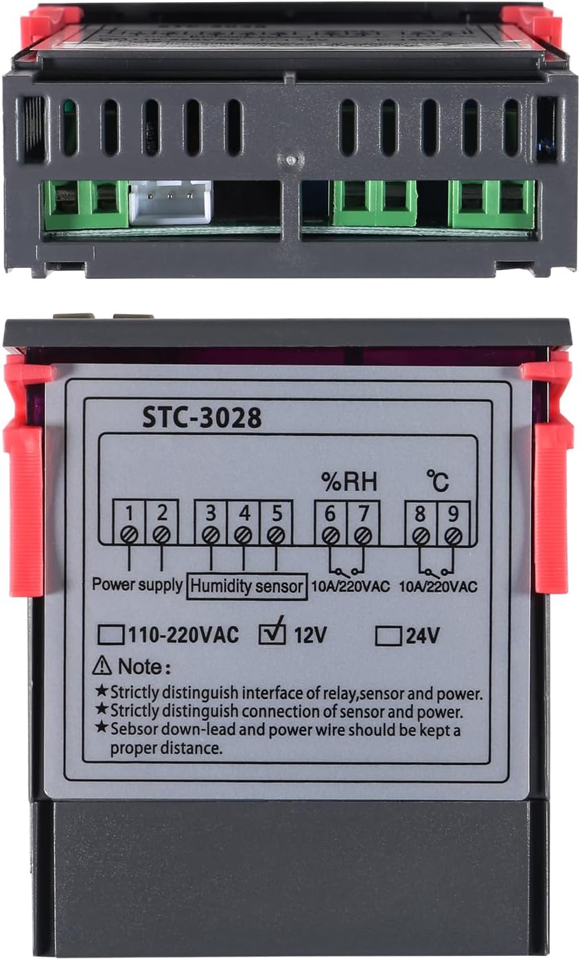 STC-3028 Temperature Controller 12V Temperature and Humidity Controller Meter with Integrated Sensor Dual Digital Display Thermometer Hygrometer Incubator Controller