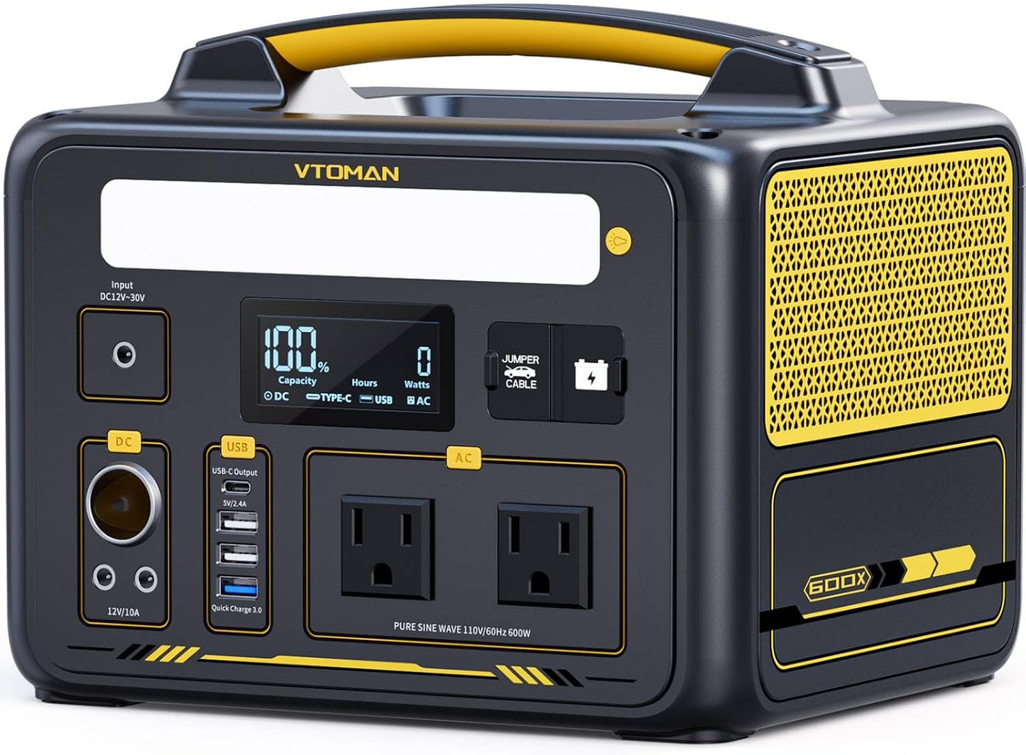 VTOMAN Jump 600X Portable Power Station 600W, 299Wh LiFePO4 Battery | 1200W Surge AC Outlet, PD 60W USB-C, 2-In-1 Solar Generator with Jump Start for Blackout, Camping, Outage and Road Trip