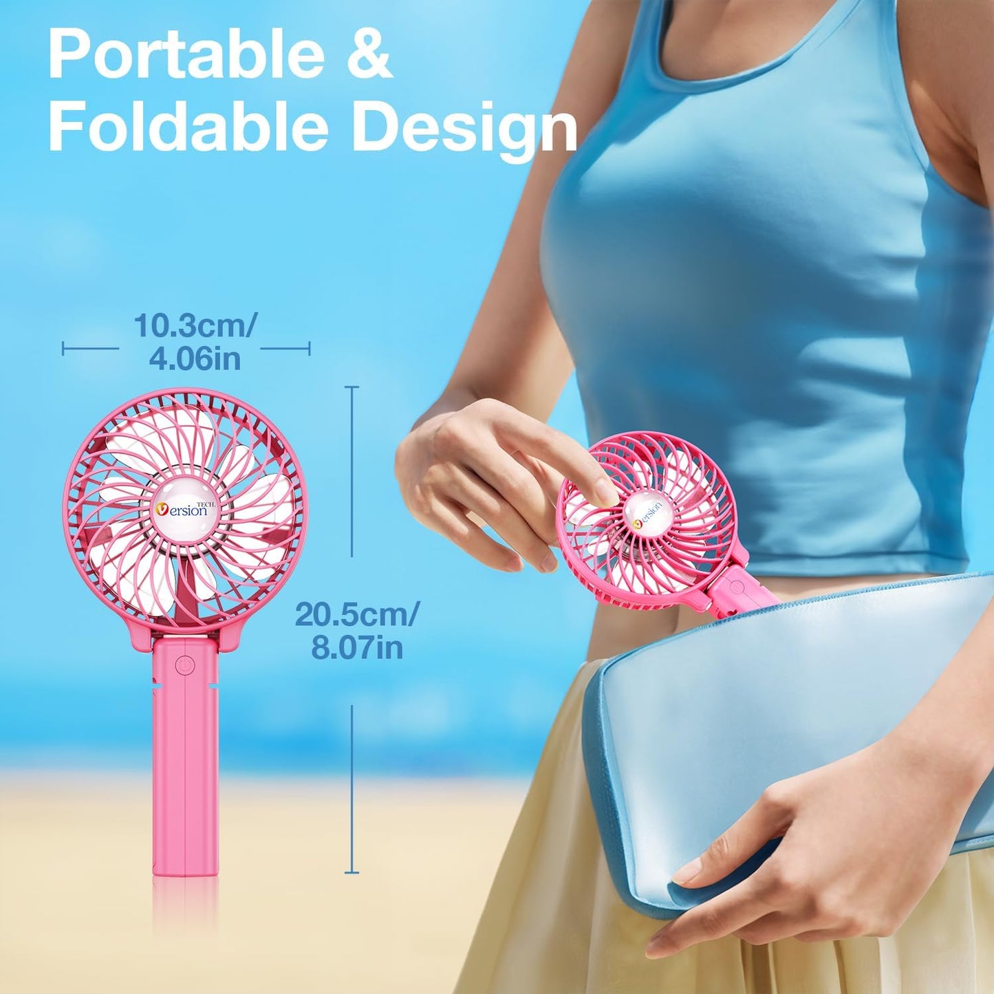 VersionTECH. Portable Handheld Fan, Powerful+Durable+4000mAh+180° Foldable, Mini Table Fans with USB Rechargeable Battery Operated Cooling Accessories for Personal Use, Travel, Office Pink