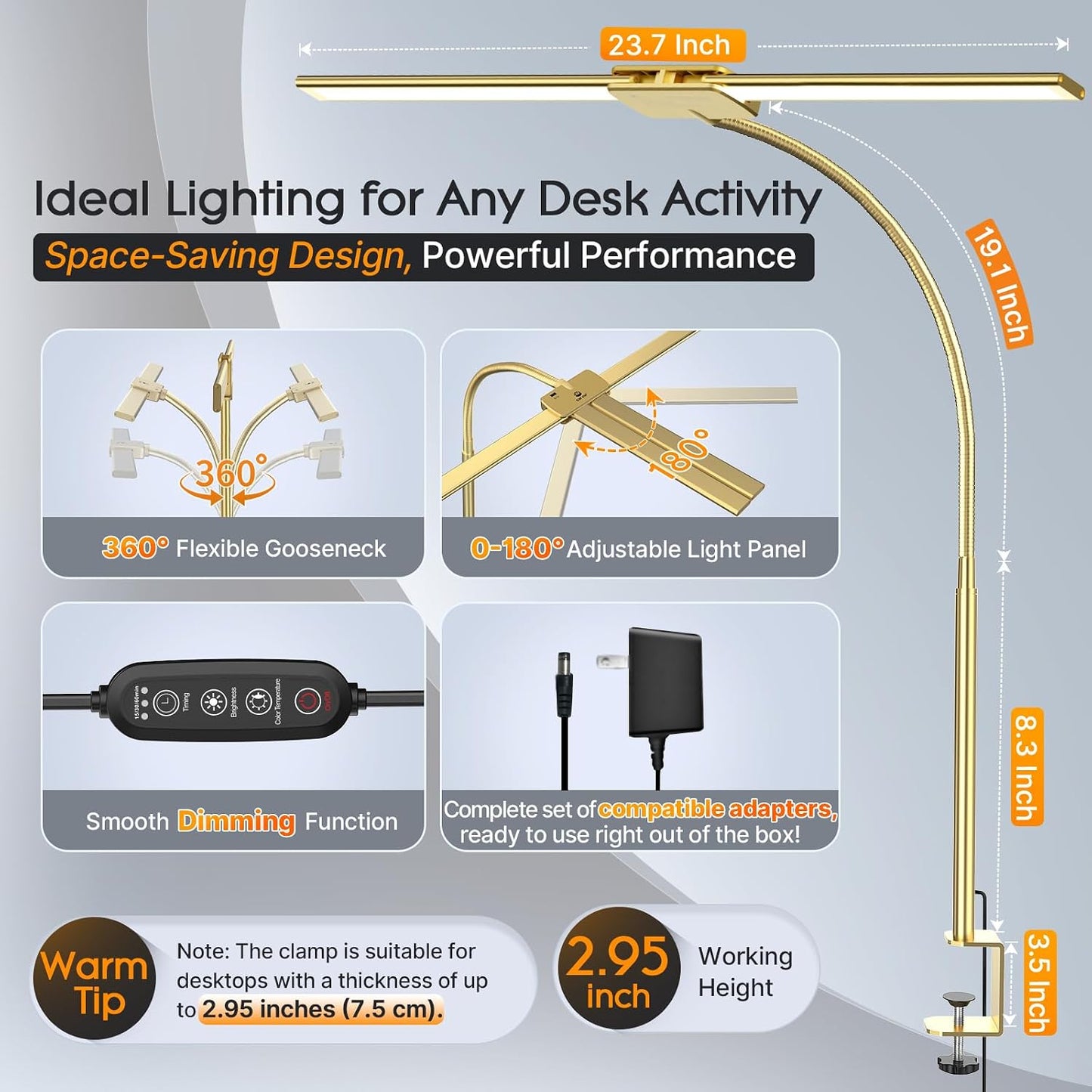 Syrinx LED Desk Lamp for Office Home, Dual Head Eye-Care Architect Lamp | Gesture/Wired Control, Flexible Neck, Bright Desk Light with Memory/Timer, 50 Lighting Modes for Study, Drafting, Gold