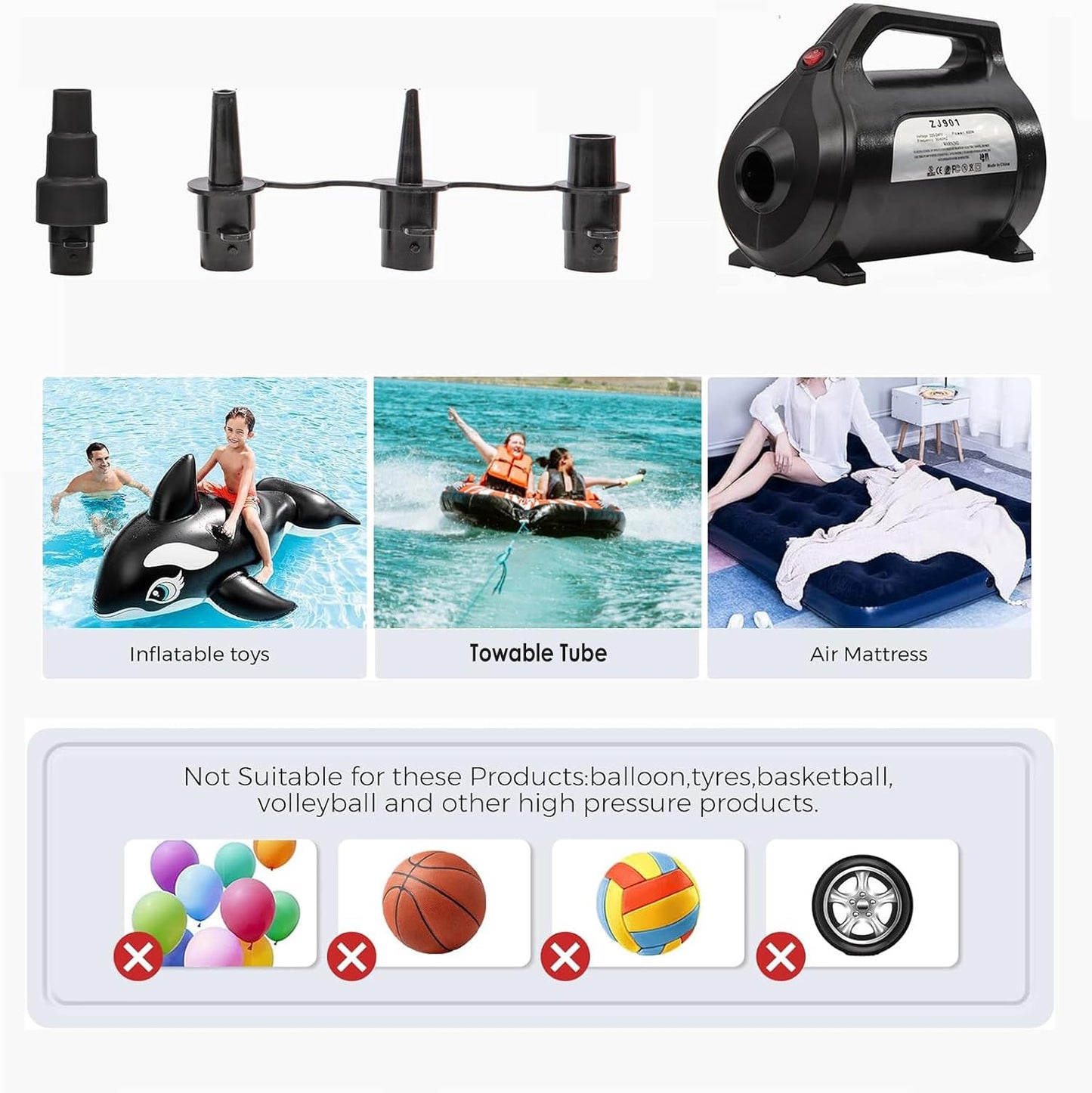 Electric Air Pump 120V for Inflatable Towable Tube/Boat/Air Mattress/Swim Ring/Pool Toy/Snorkel/Water Sports with 5 Valve Adapters
