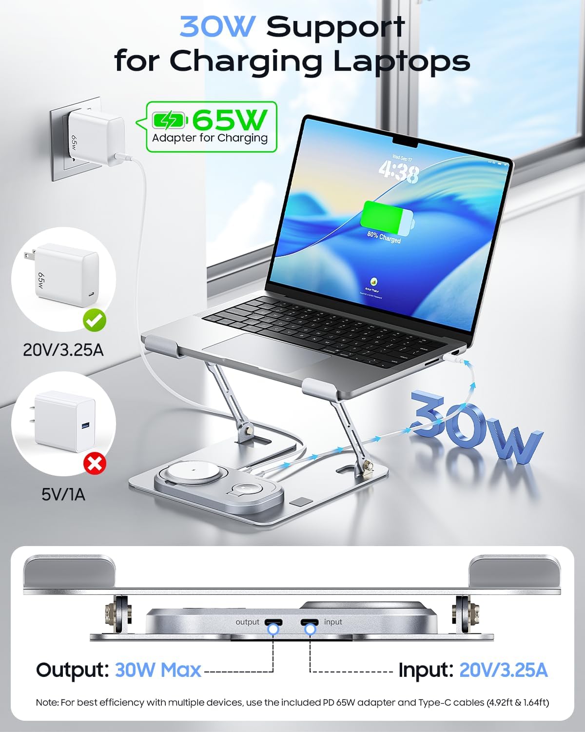 Meifigno Laptop Stand with Wireless Charging Station Base, Foldable Aluminum MacBook Holder with MagSafe Charger for iPhone/iWatch/AirPods, 30W USB-C Wired Charging for Laptop/iPad, with 65W Adapter