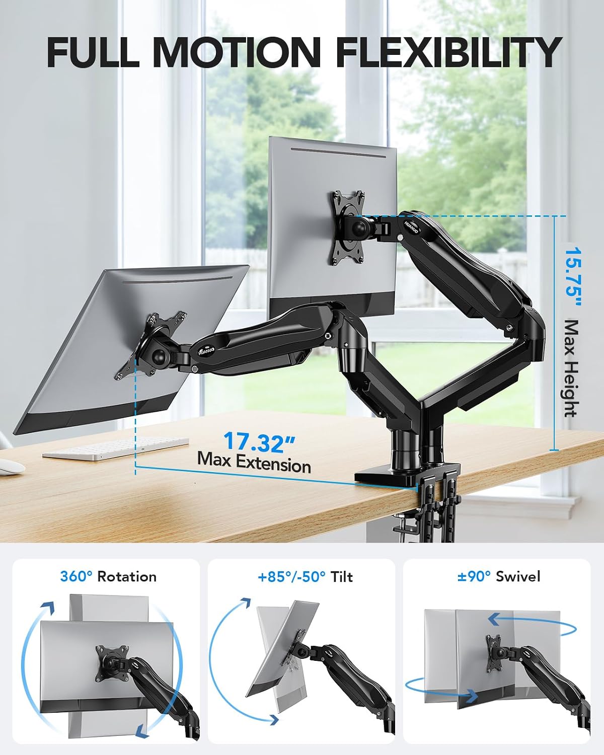 HUANUO FlowLift™ Dual Monitor Stand, Fully Adjustable Gaming Monitor Desk Mount for 13–32″ Computer Screens, Full Motion VESA 75x75/100x100 with C-Clamp & Grommet Base, Each Arm Holds 4.4 to 19.8 lbs
