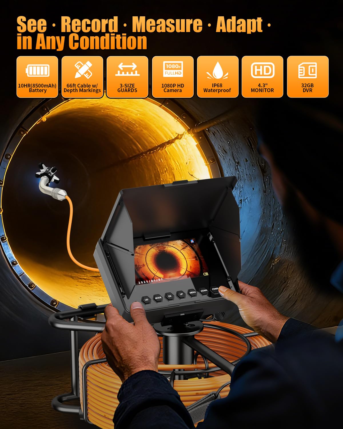 Sewer Camera 100ft, Drain Camera 4.3" with 23mm 1080P Probe, 8500mAh, 32GB Audio & Video Record, IP68 Waterproof for Plumbers, Drain Pipe & Industrial Inspection, Endoscope Camera with Light(12 LEDs)