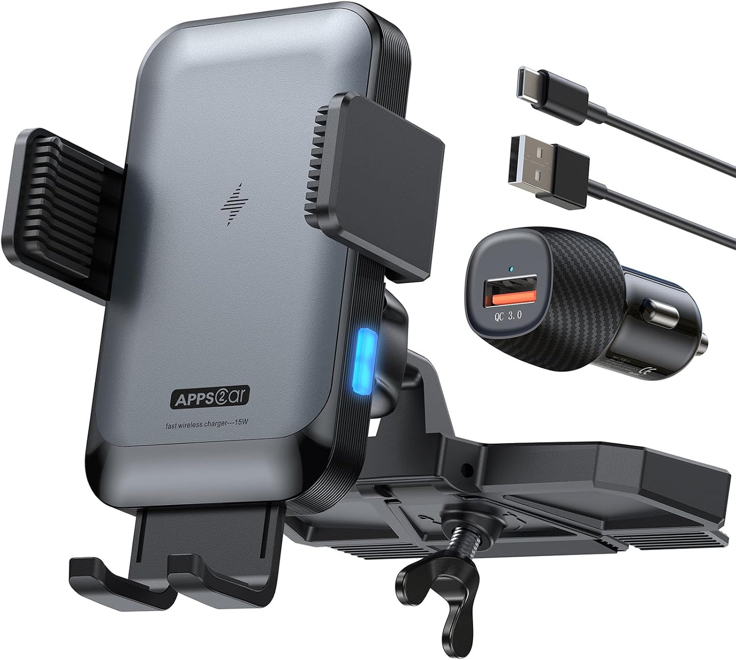 APPS2Car Wireless Car Charger Mount CD Slot Auto Clamping 15W Fast Charging | Sturdy Car Phone Holder Mount Charger for iPhone 17 16 15 14 13 12 Pro Max Plus, Samsung S25 S24 S23, Google, LG etc.