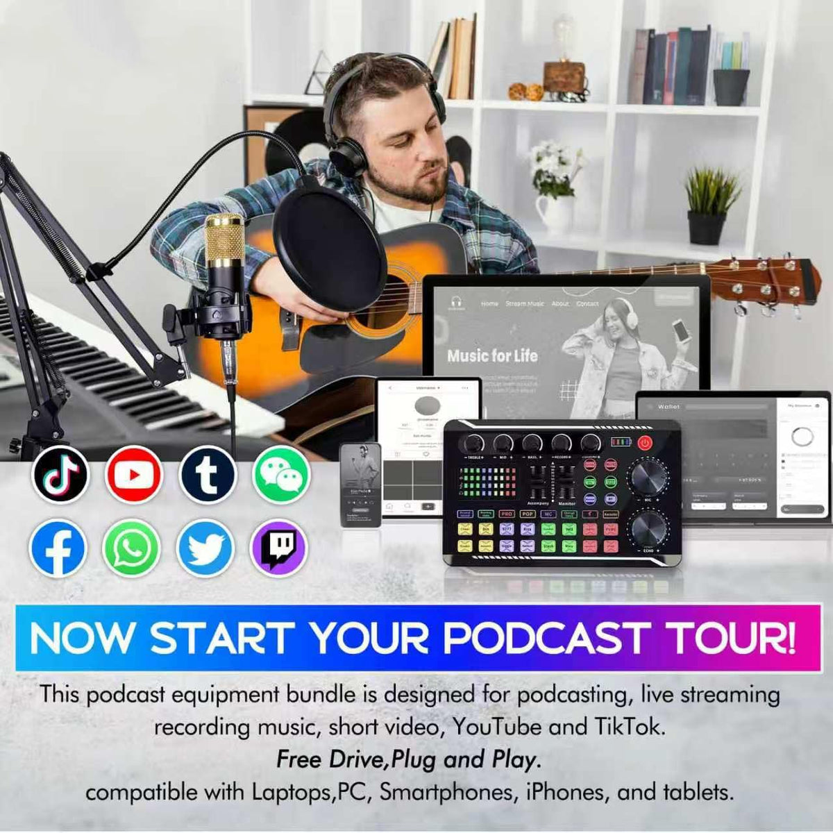 Podcast Equipment Bundle, F998 Sound Card with BM-800 Microphone | Podcast Equipment with Audio Mixer, Recording Studio Equipment for Podcasting Singing Gaming Live Streaming YouTube Tiktok