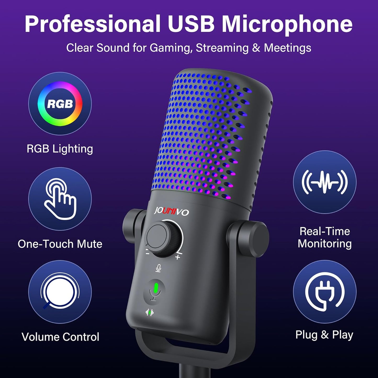 Gaming USB Microphone for PC with Pop Filter Volume Control Headphone Jack RGB Light Mute Button Plug and Play for PS4 PS5 Mac Streaming Podcast