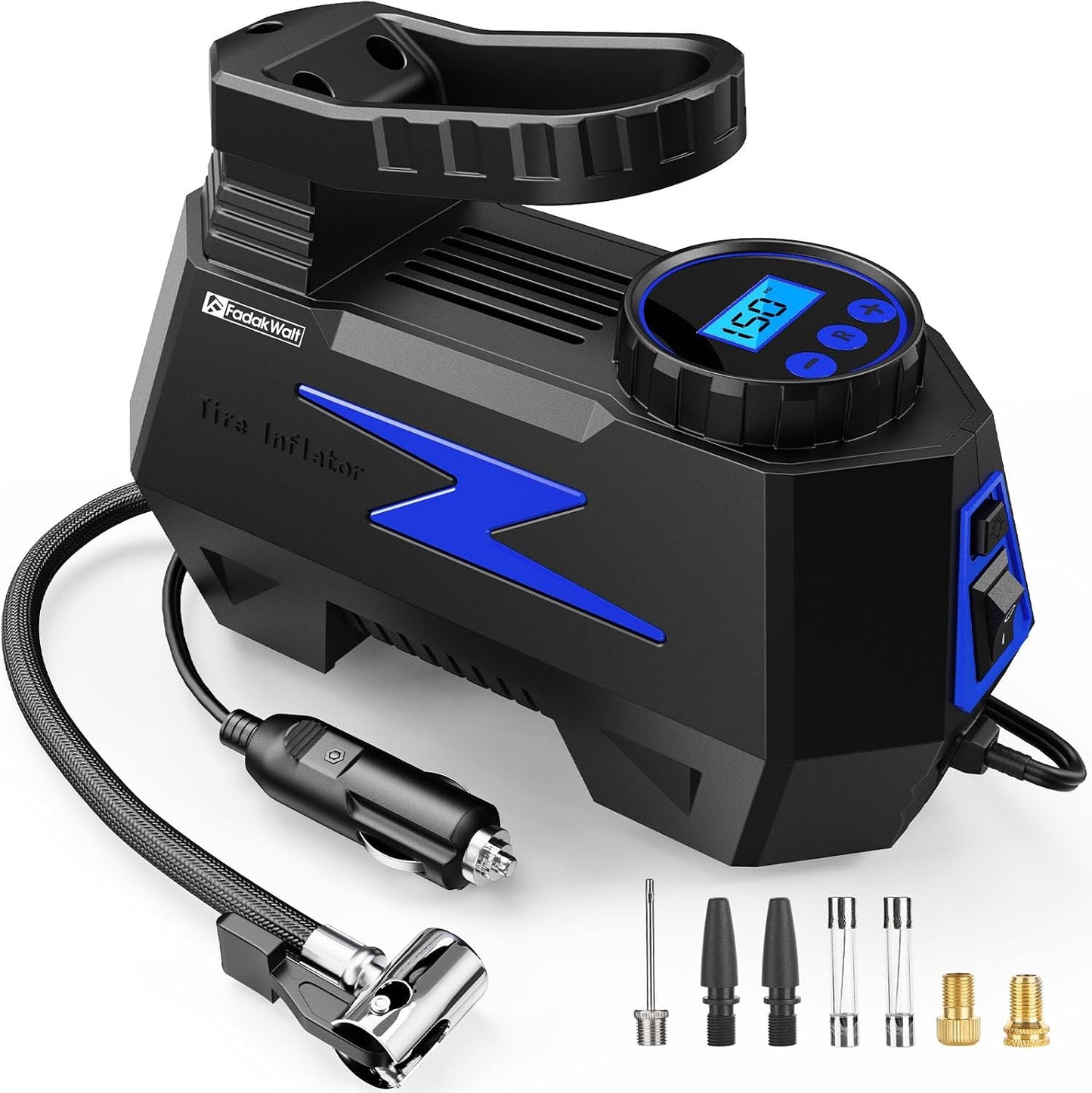 Tire Inflator Portable Air Compressor, 12V DC Car Air Pump with Auto Shutoff, 150 PSI Digital Gauge, LED Light, Metal Valve Connector, Accessories for Cars, Blue