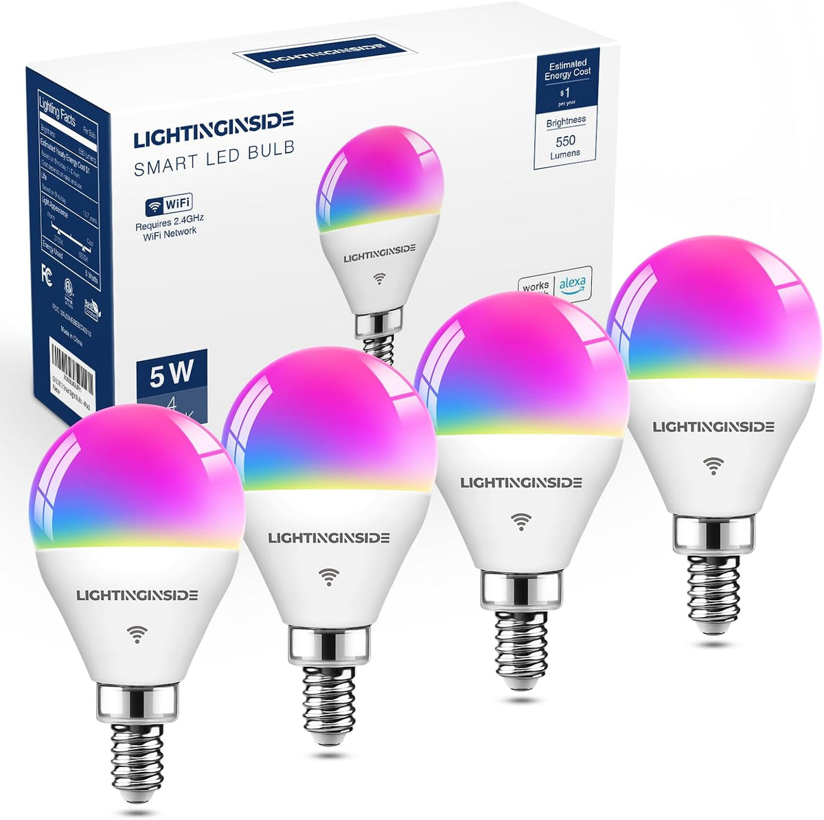 Lightinginside E12 Smart Light Bulbs Work with Alexa/Google Home, 4PCS