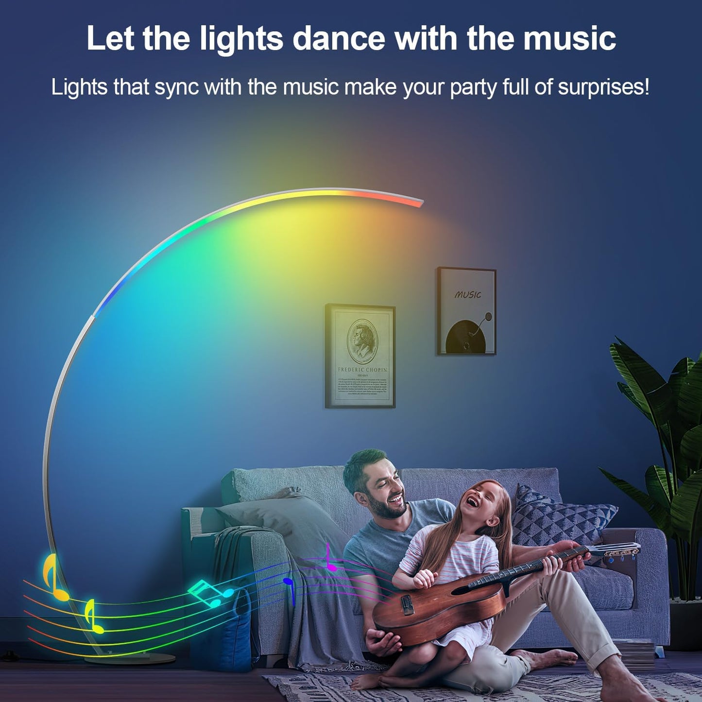 RGB Floor Lamp with 3 Color Temperatures, Ultra Bright 1800LM Smart Arc LED Floor Lamp with Remote Control, Music Sync, Scene Modes, Modern Standing Tall Lamp for Bedroom Living Room-Brushed Nickel
