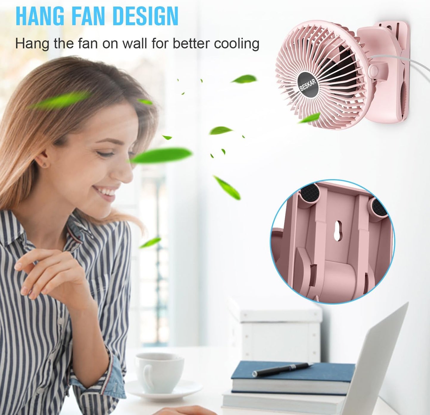 BESKAR USB Clip on Fan, Portable Small Desk Fan with Cord Powered | 3 Speeds Strong Airflow, Sturdy Clamp, Ultra Quiet Personal Cooling Fan for Office Dorm Bedroom Stroller