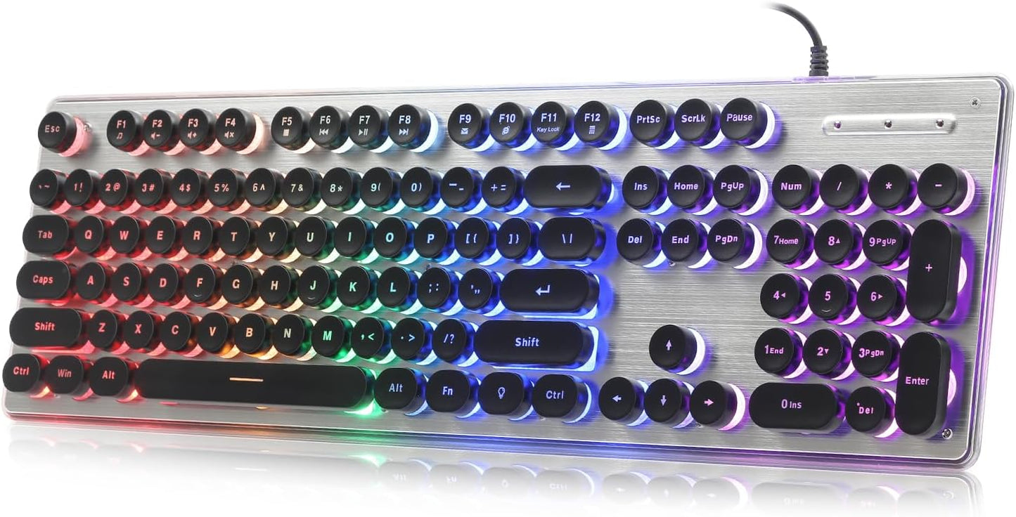 Typewriter Style Keyboard with Metal Panel, Rainbow LED Backlit, Round Keys, Anti-ghosting, Spill Resistant, Light Up USB Wired Retro 104 Keys for Office/Gaming, White/Silver