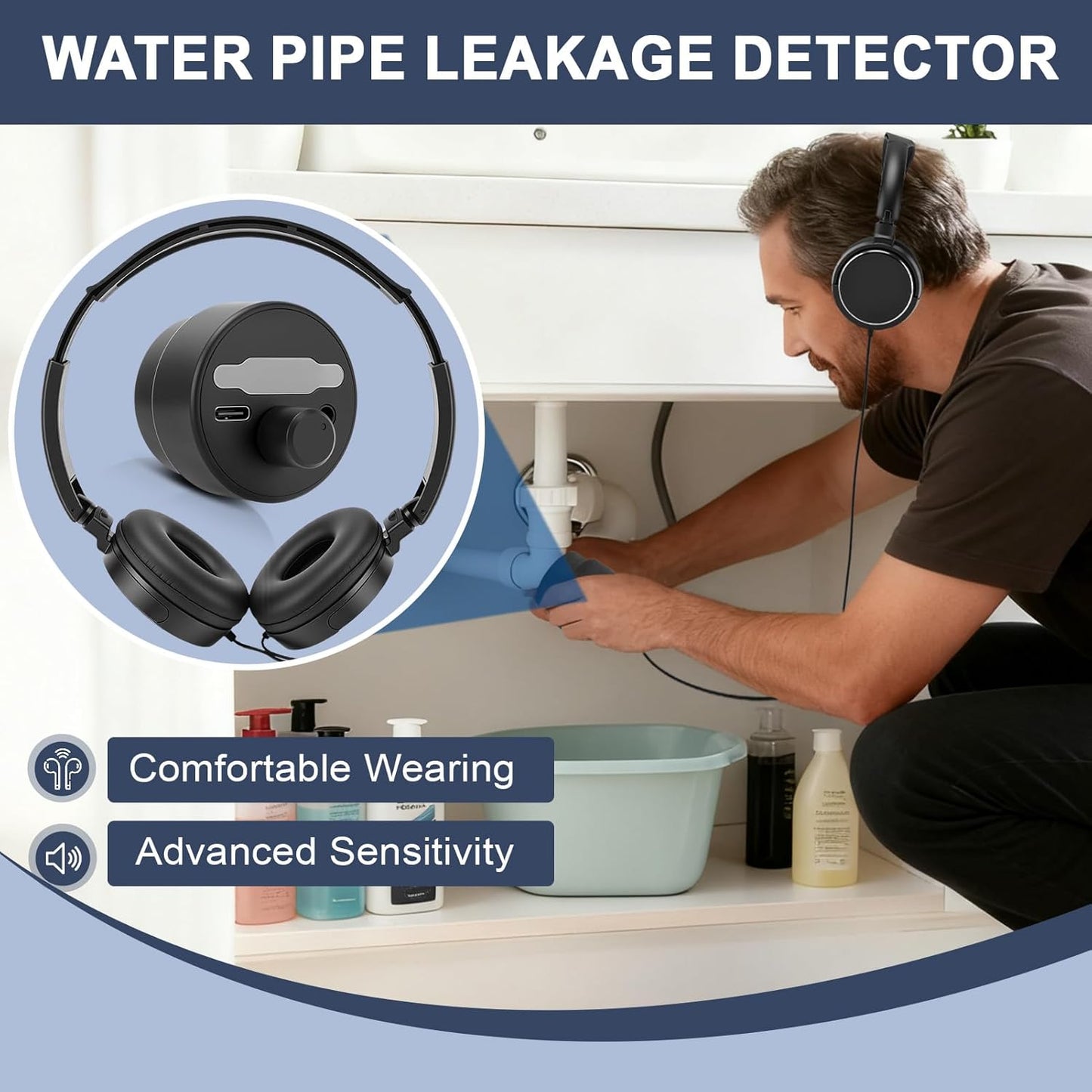 Water Leak Detector,Underground Water Leak Detector With Headphones,Water Leak Detector Tool with 5 Detection Lights,High Sensitive Sound Intensifier Water Leak Detection Device (With Large Earphones)