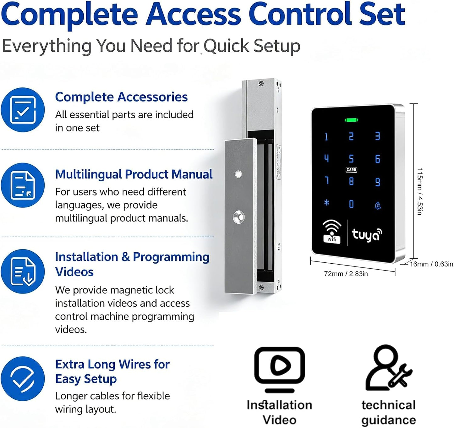 WiFi TUYA Complete Security Access System Kit with Waterproof RFID Touch Keypad Door Lock, Smart Remote Door Opener, App，600-Pound Electric Magnetic Lock + ZL, Metal Sensor Switch, Doorbel